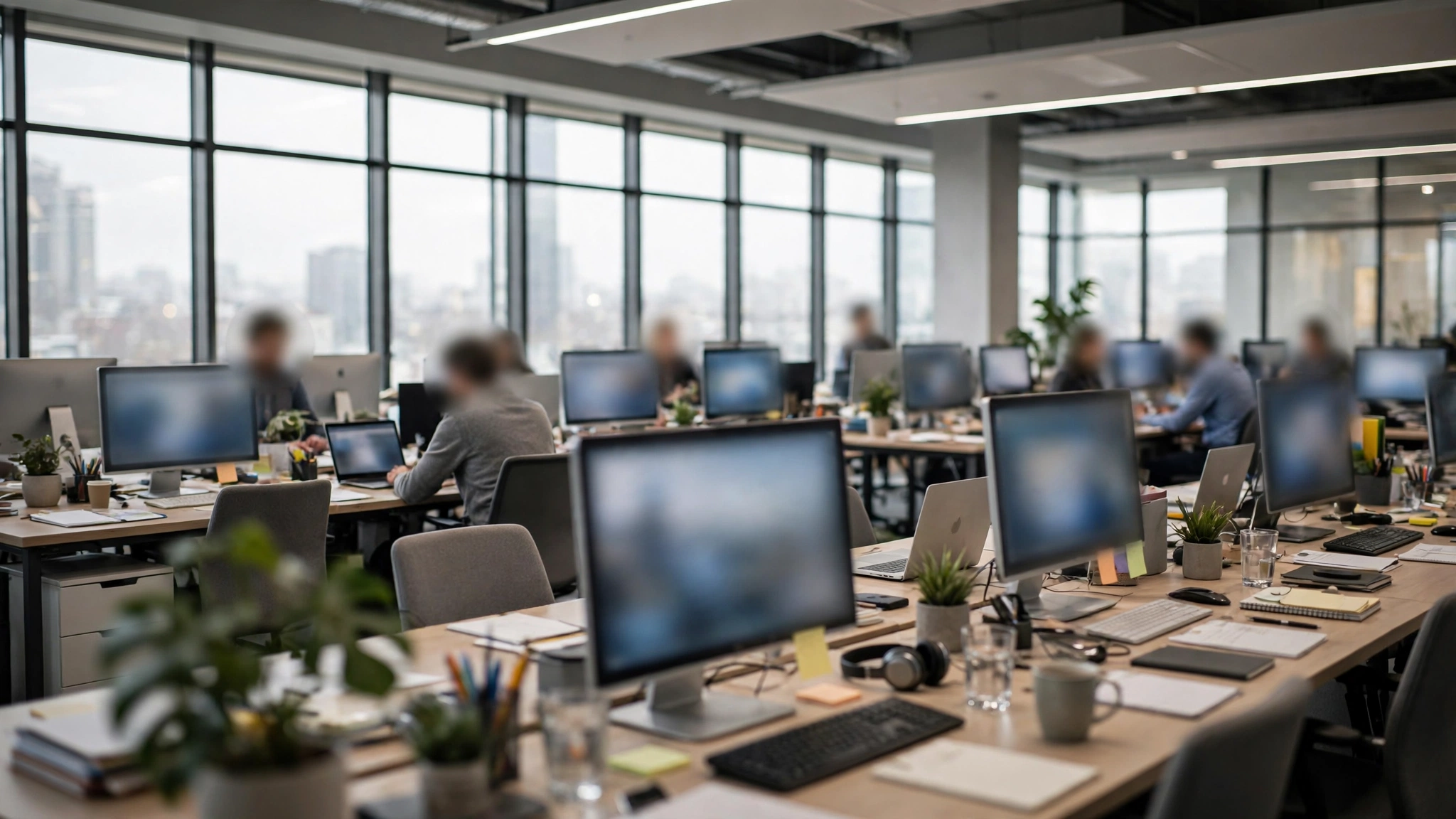 Office workers at desks with blurred computer screens in a modern open-plan office