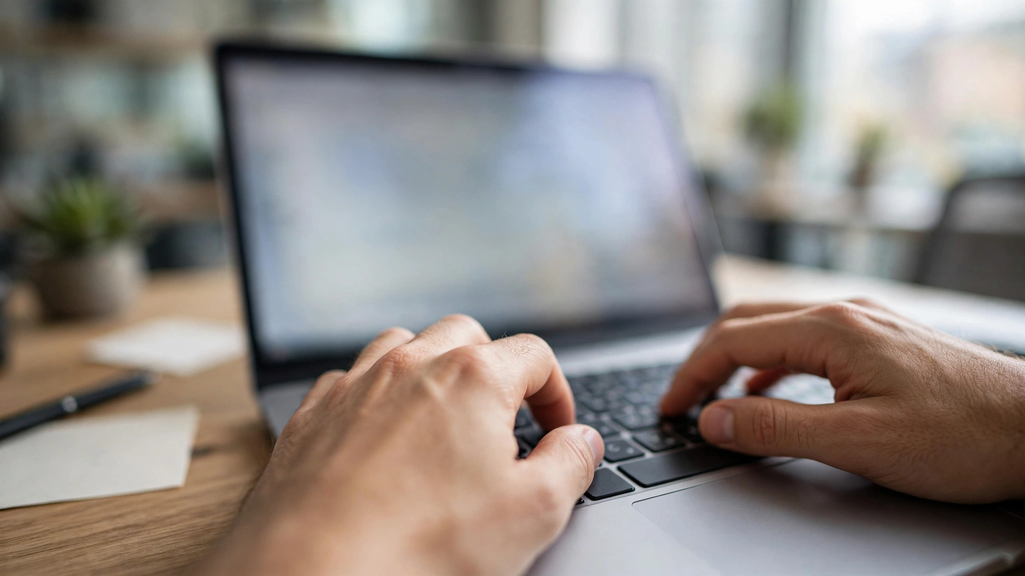 Hands typing on a laptop keyboard with a blurred screen