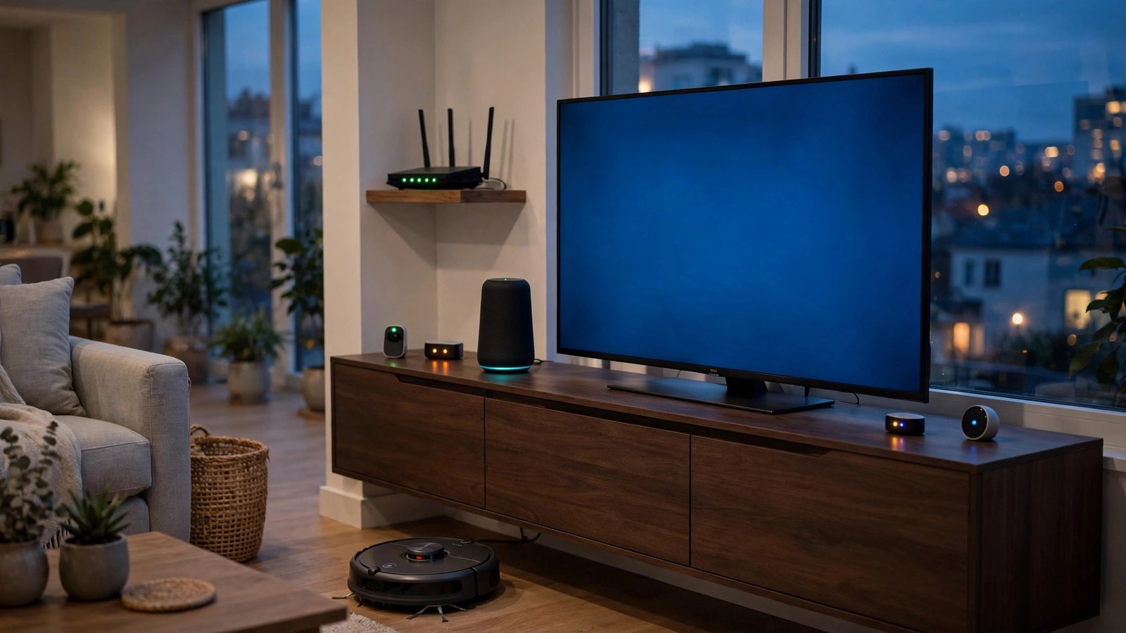 A modern living room at dusk with a large smart TV, a robot vacuum, a smart speaker and a Wi-Fi router with green indicator lights.