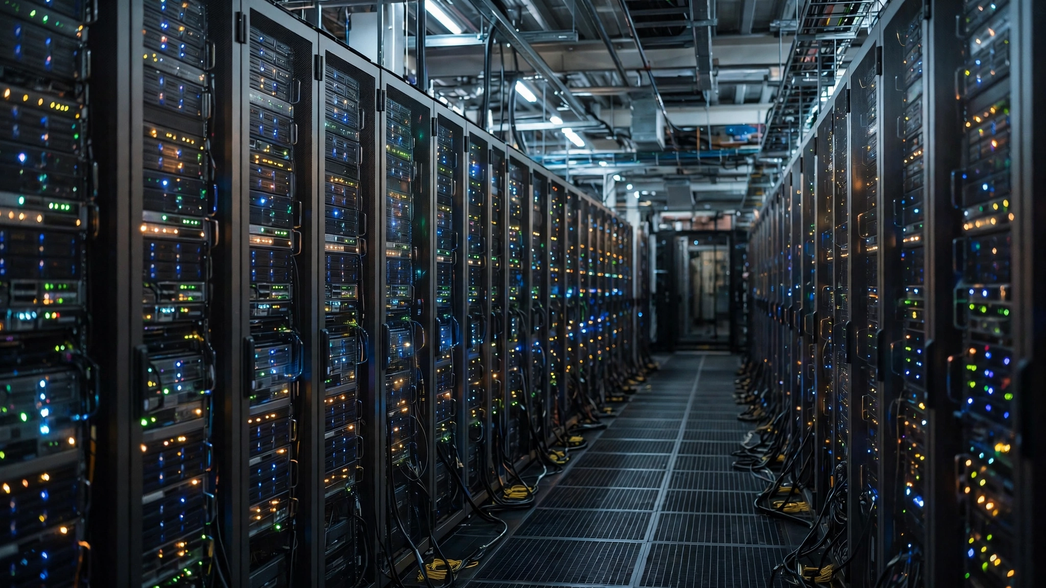 Rows of computer server racks with small lights along a data center corridor