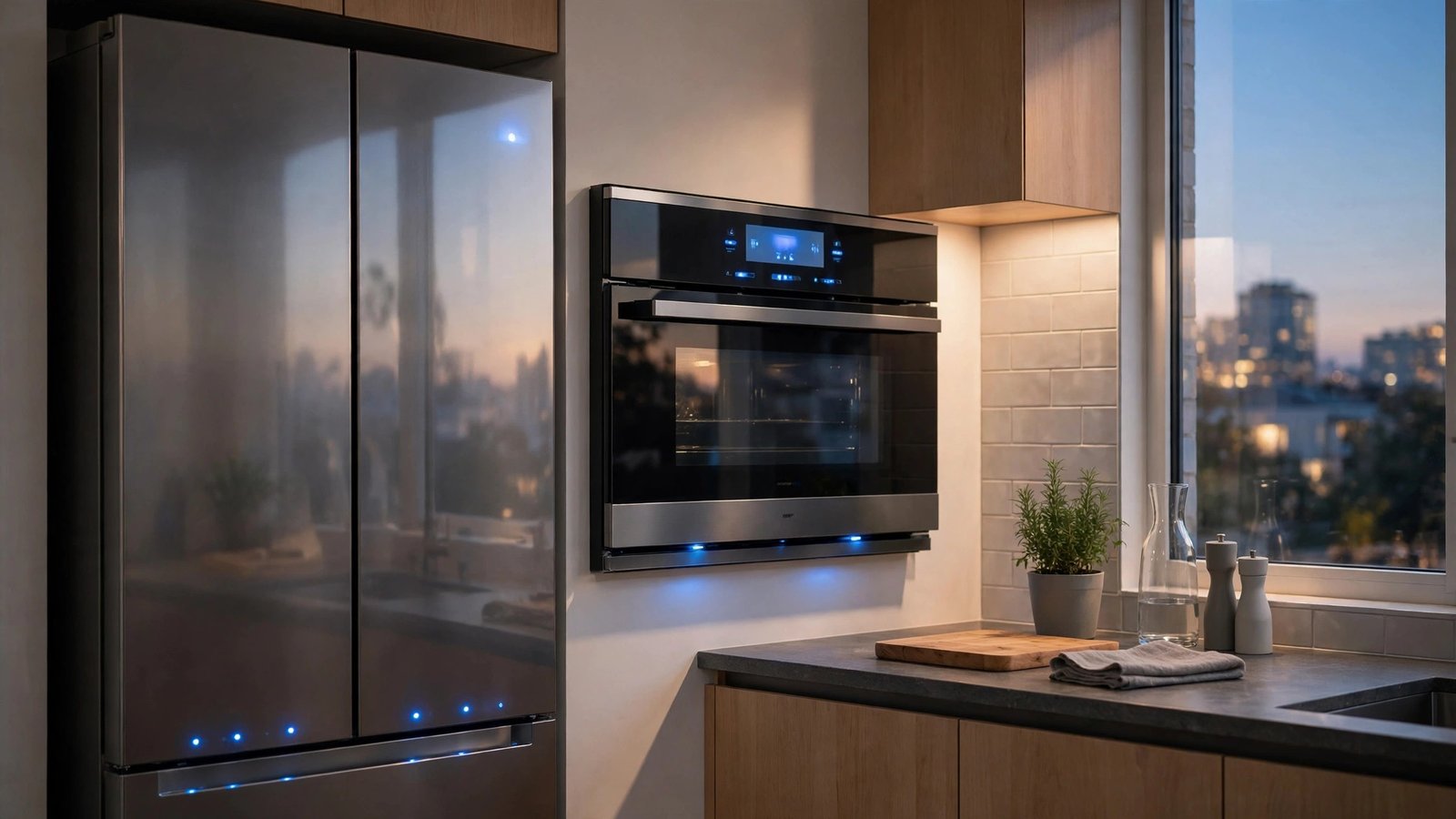 A stainless-steel smart refrigerator and a wall-mounted digital oven with glowing blue displays in a modern kitchen.