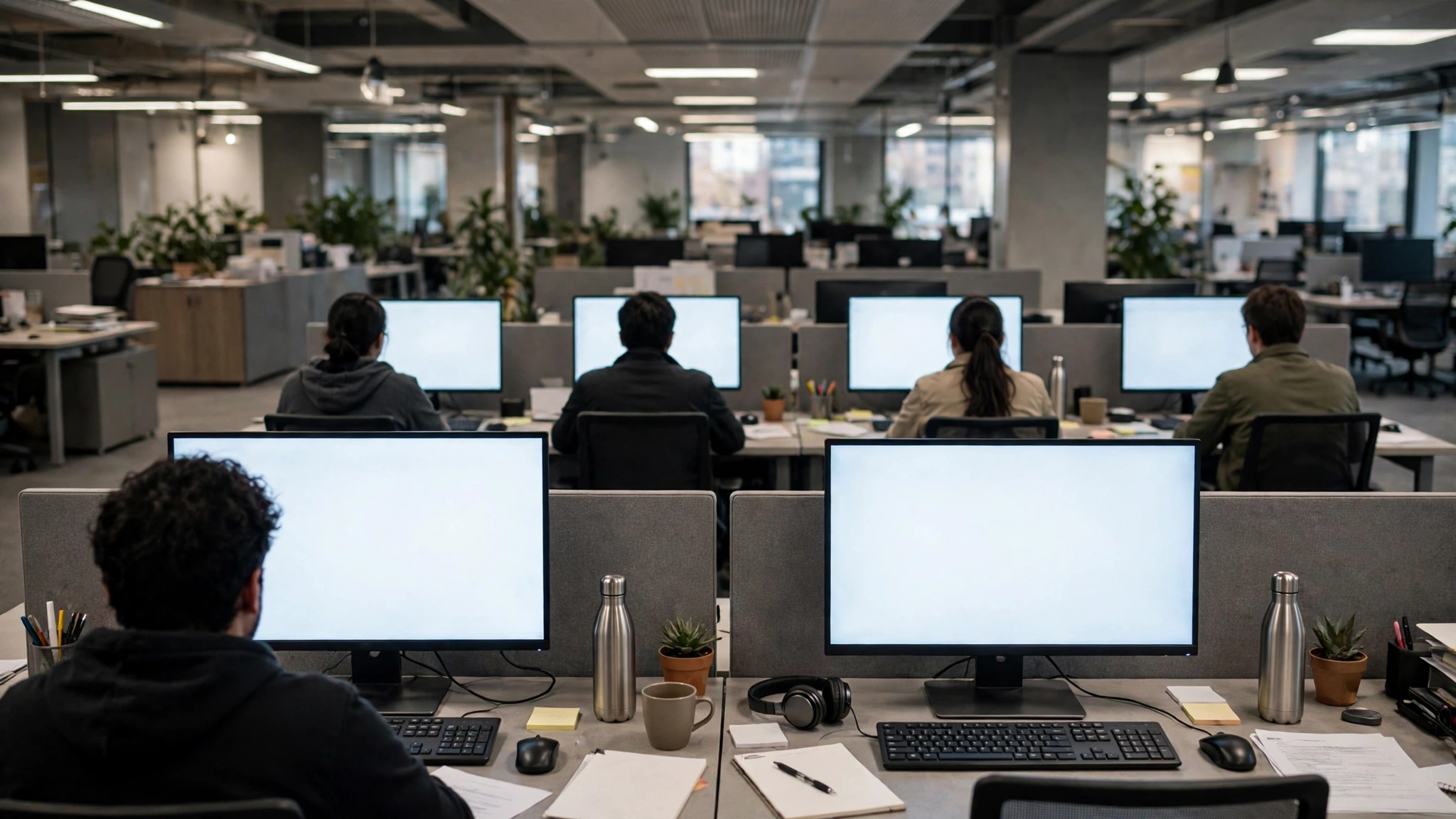 Workers seen from behind at desks with blank computer monitors in an open-plan office