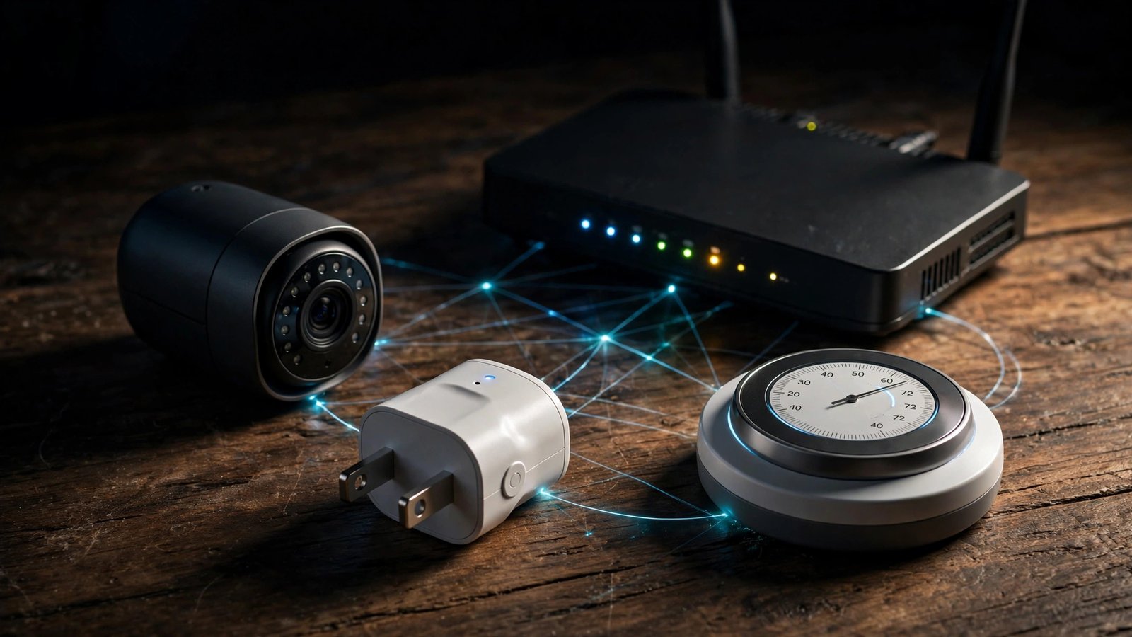A security camera, a smart plug, a Wi-Fi router and a round smart thermostat connected by glowing network lines on a wooden desk.