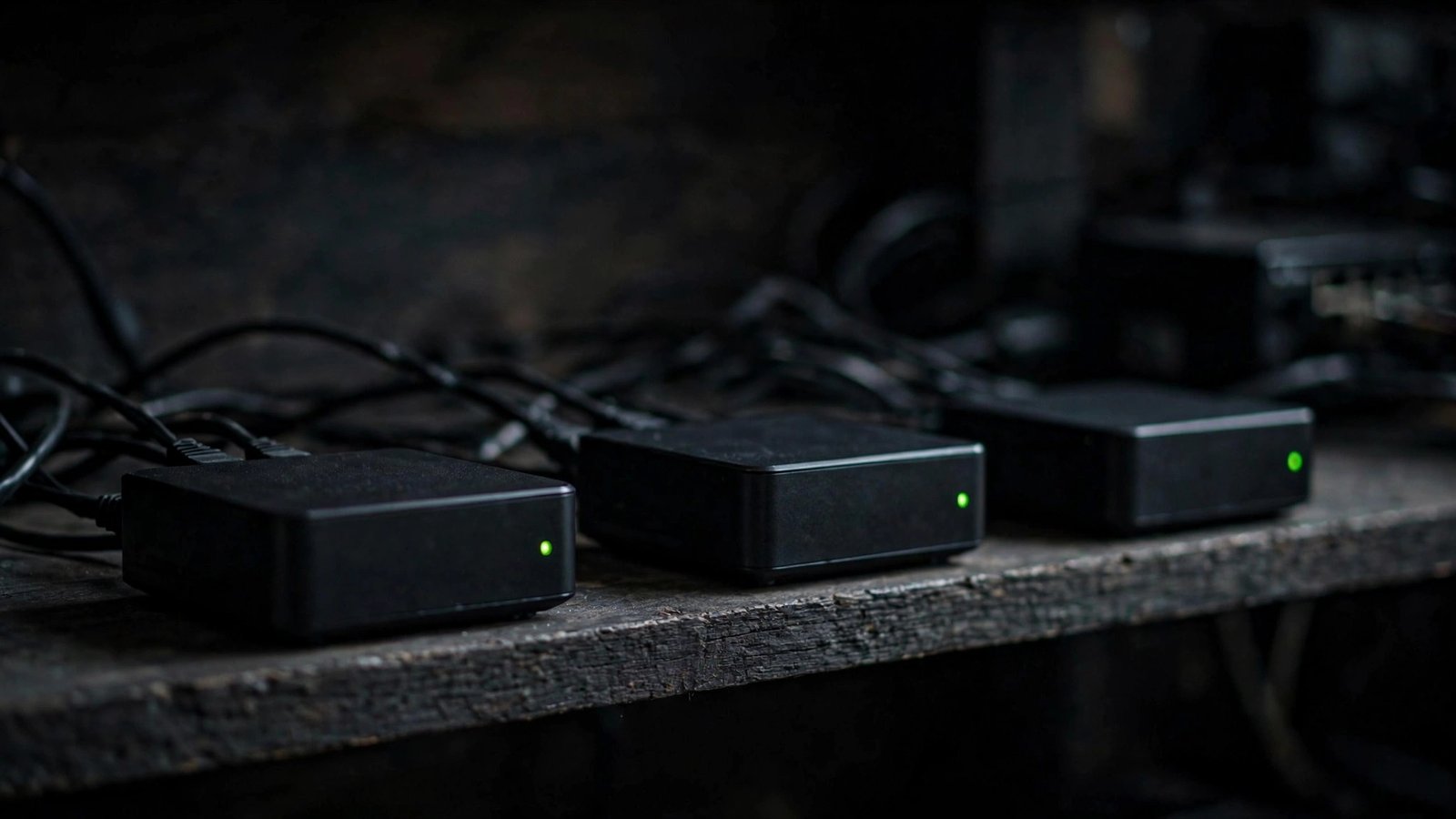 Three small black streaming TV boxes with green status lights lined up on a dark shelf.