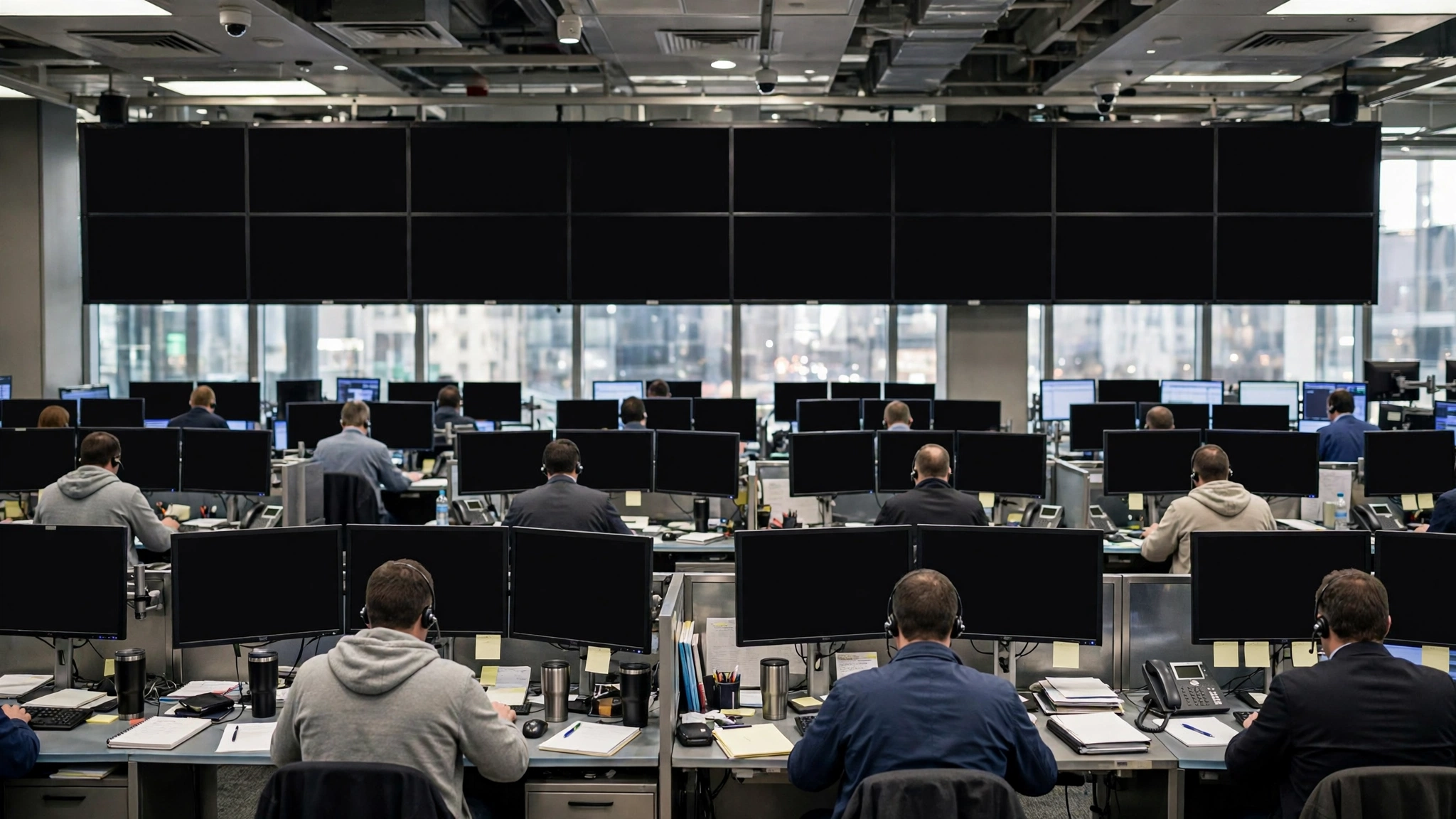 Traders seen from behind at desks with blank monitors under a wall of dark screens