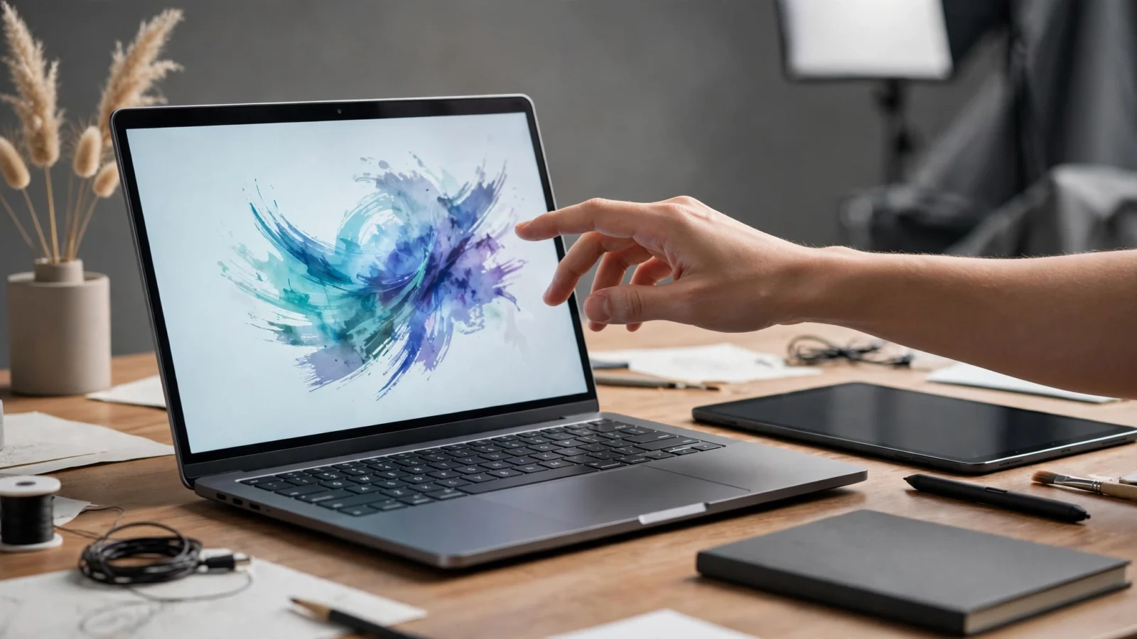 A hand reaching toward the touchscreen display of a generic laptop on a creative desk, with a tablet beside it