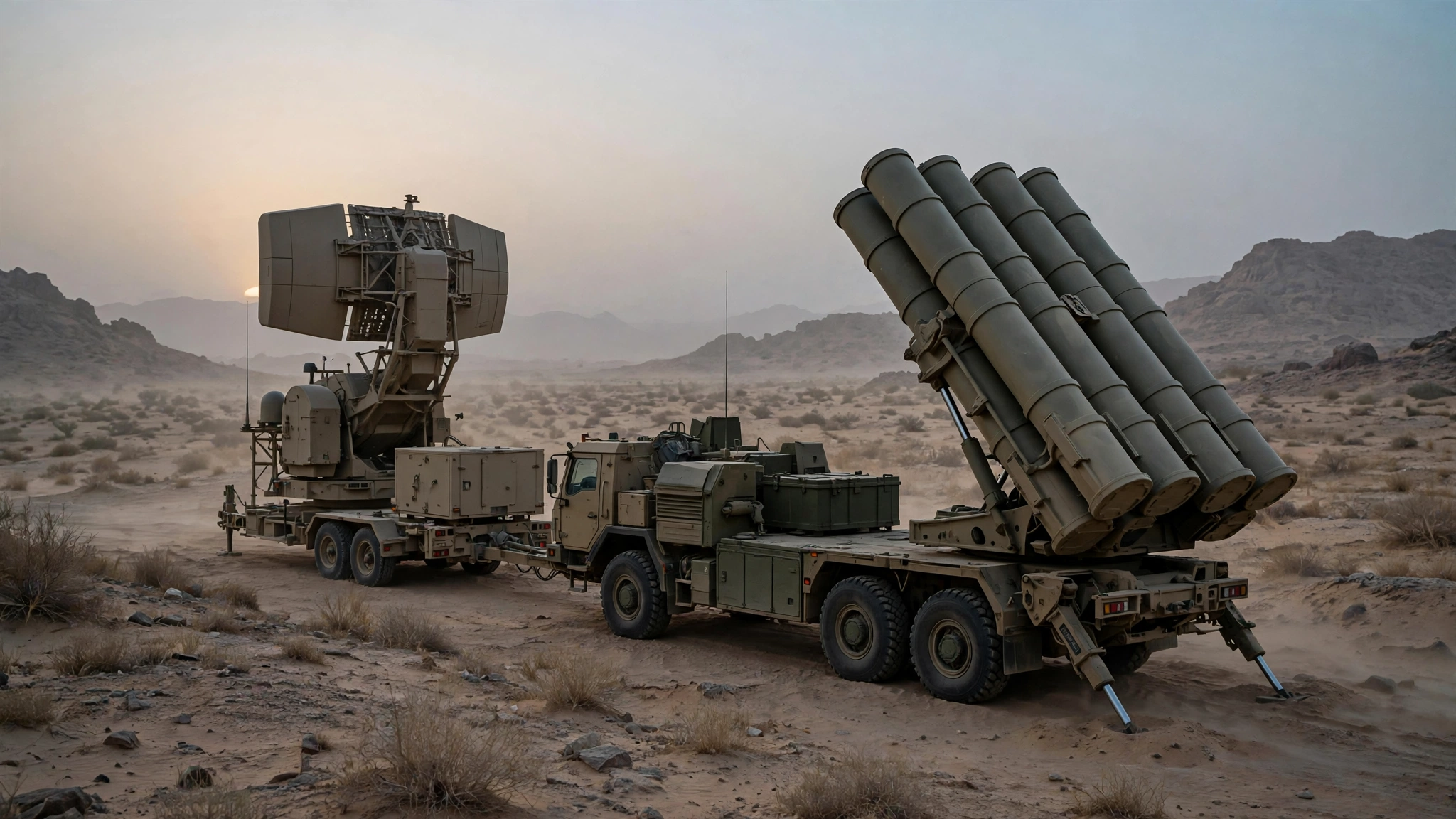 An air defense radar and missile launcher battery deployed in a desert landscape at dusk