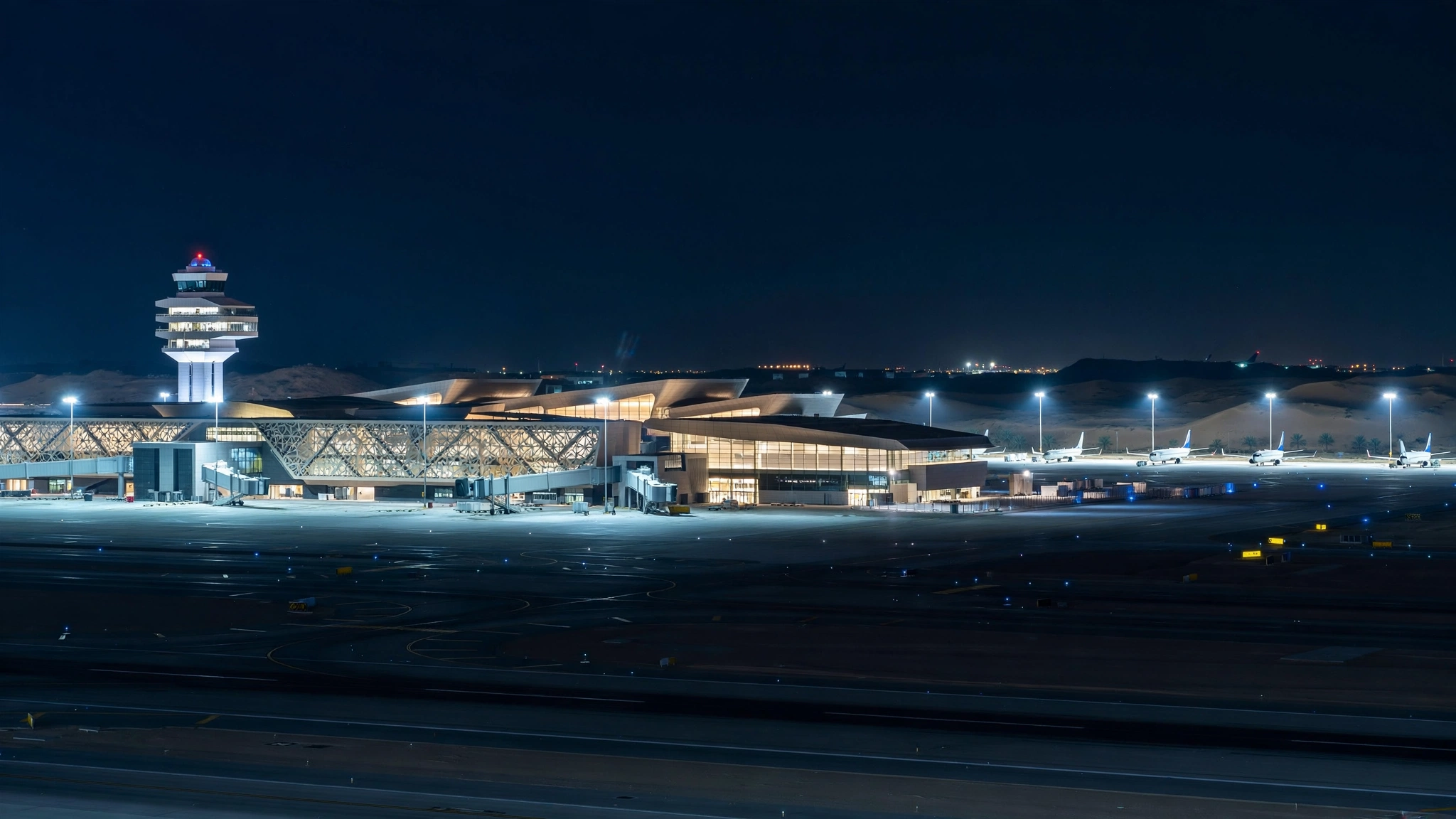 A modern international airport terminal lit up at night, with a control tower and parked passenger planes