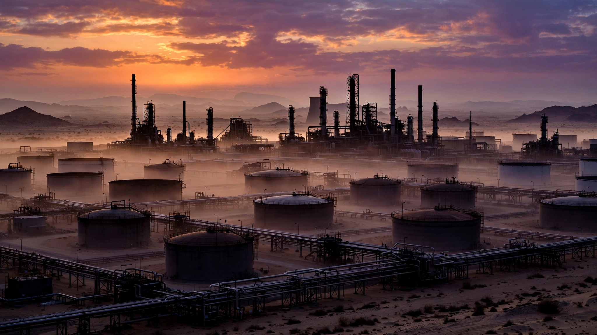 An oil refinery with storage tanks and pipelines silhouetted at dusk in a desert landscape