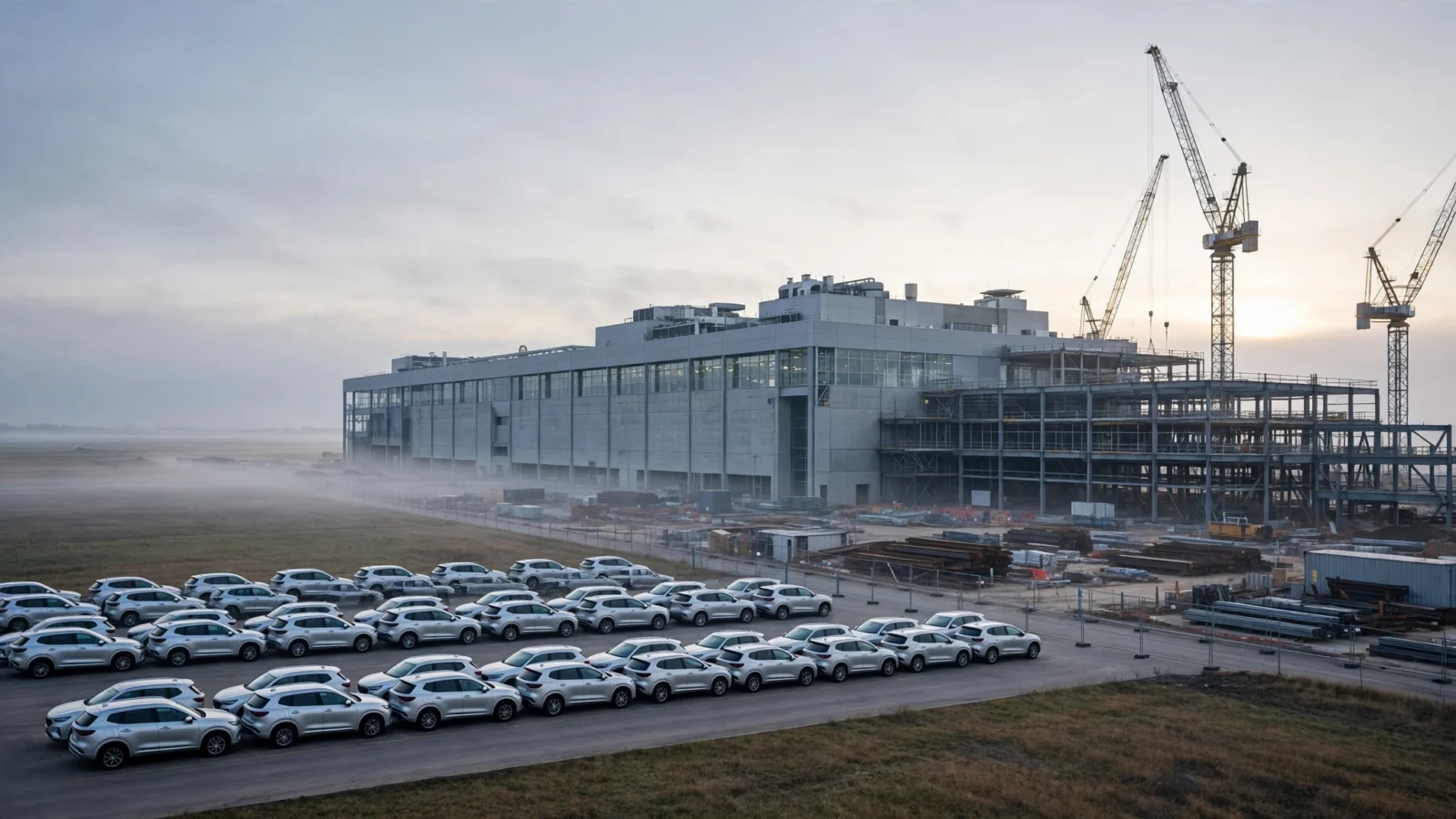 A large automobile assembly plant under construction at dawn, with cranes, exposed steel framing, and rows of silver SUVs parked in front