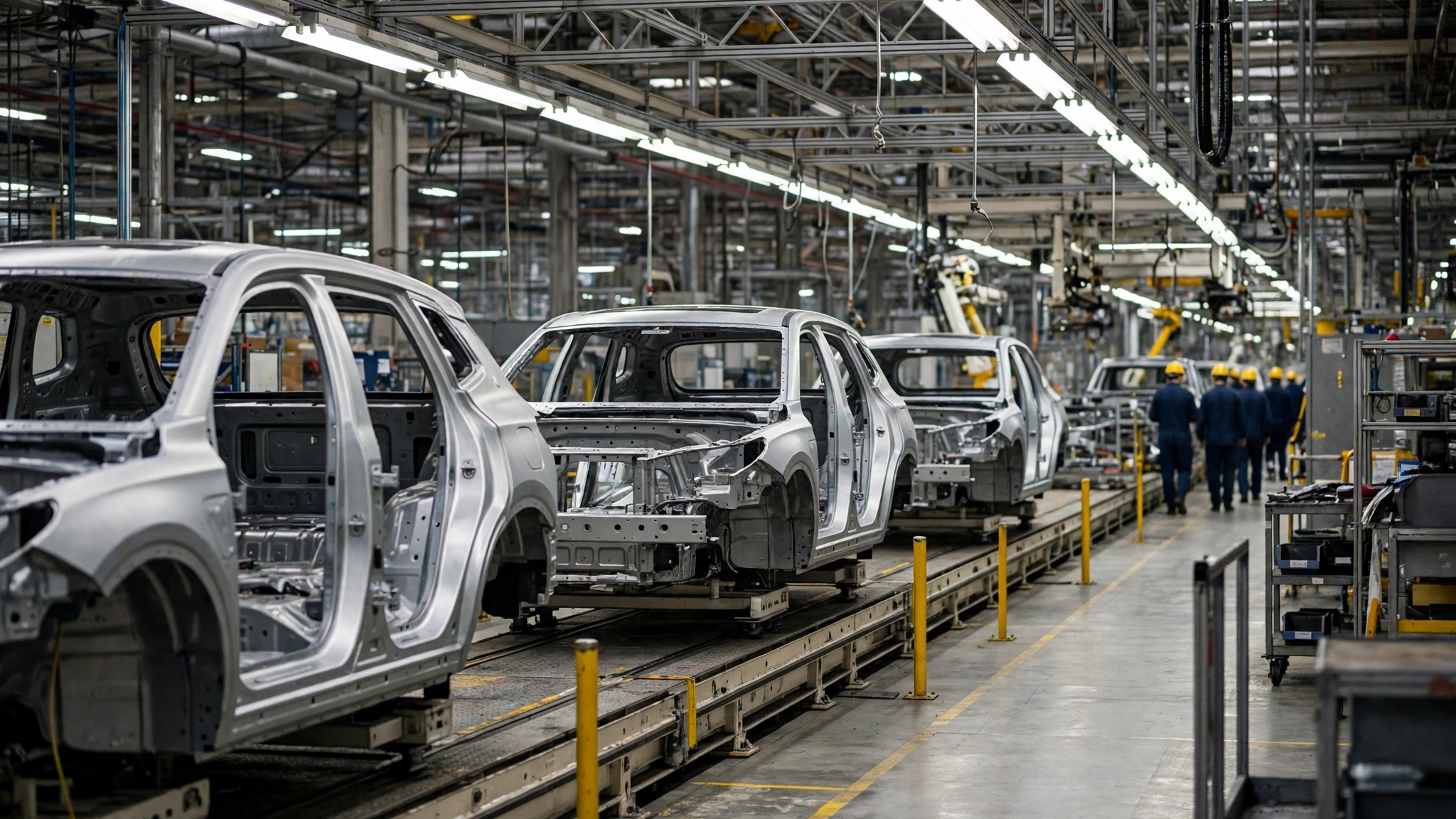 Unfinished silver SUV bodies on an assembly line inside a car factory, with workers in hard hats walking in the background