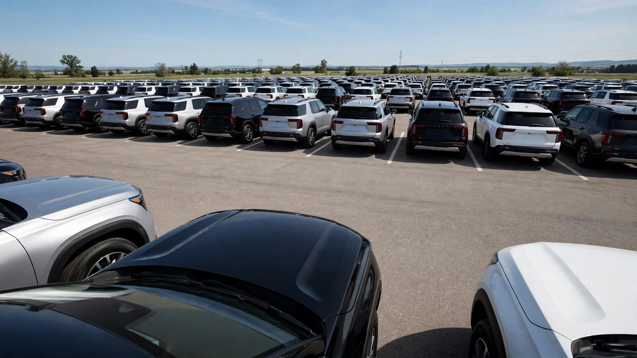 Rows of new SUVs in silver, black and white parked in a large outdoor lot under a clear sky