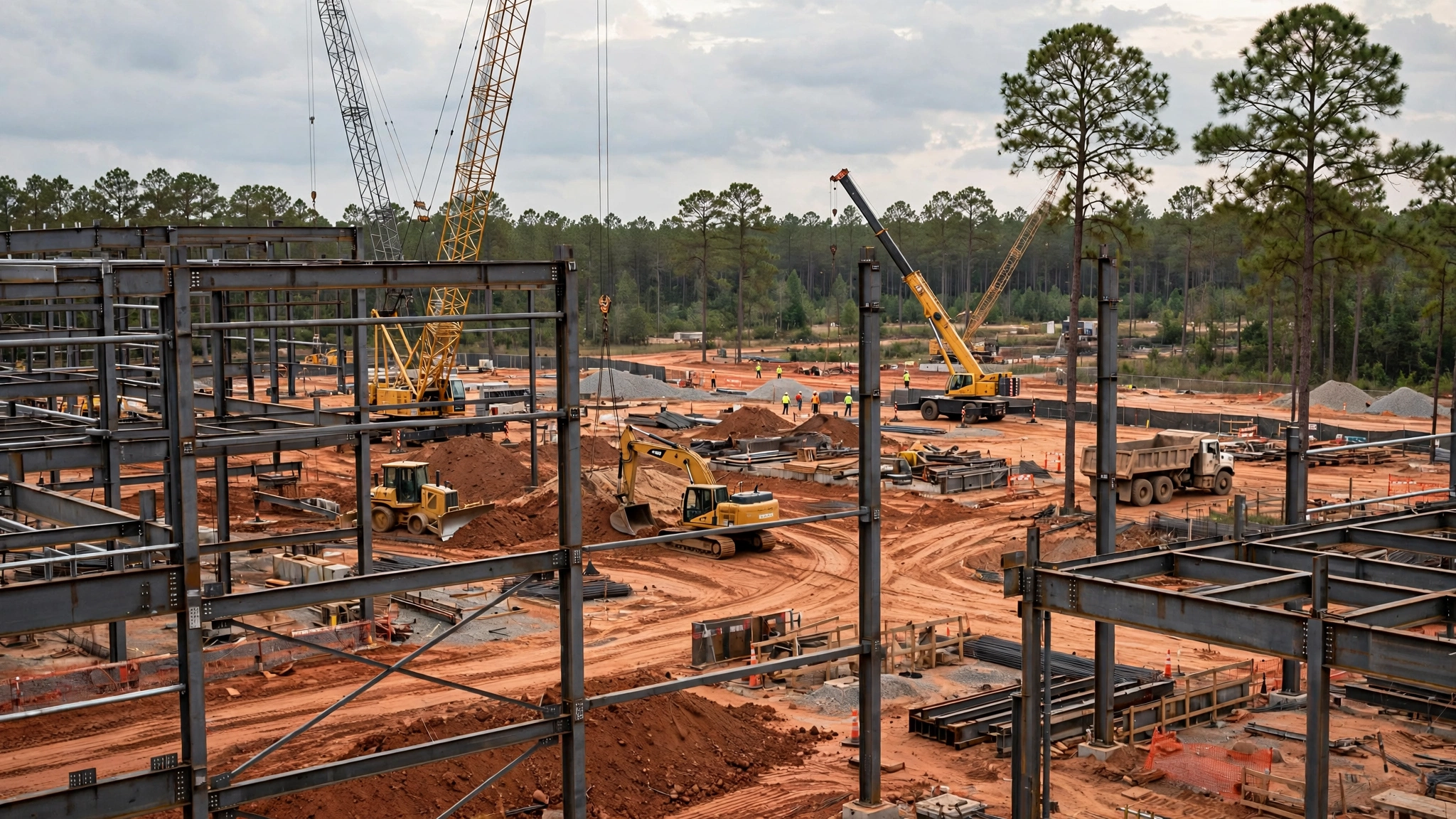 A construction site with steel framing, cranes, excavators and workers on red dirt, with pine trees in the background