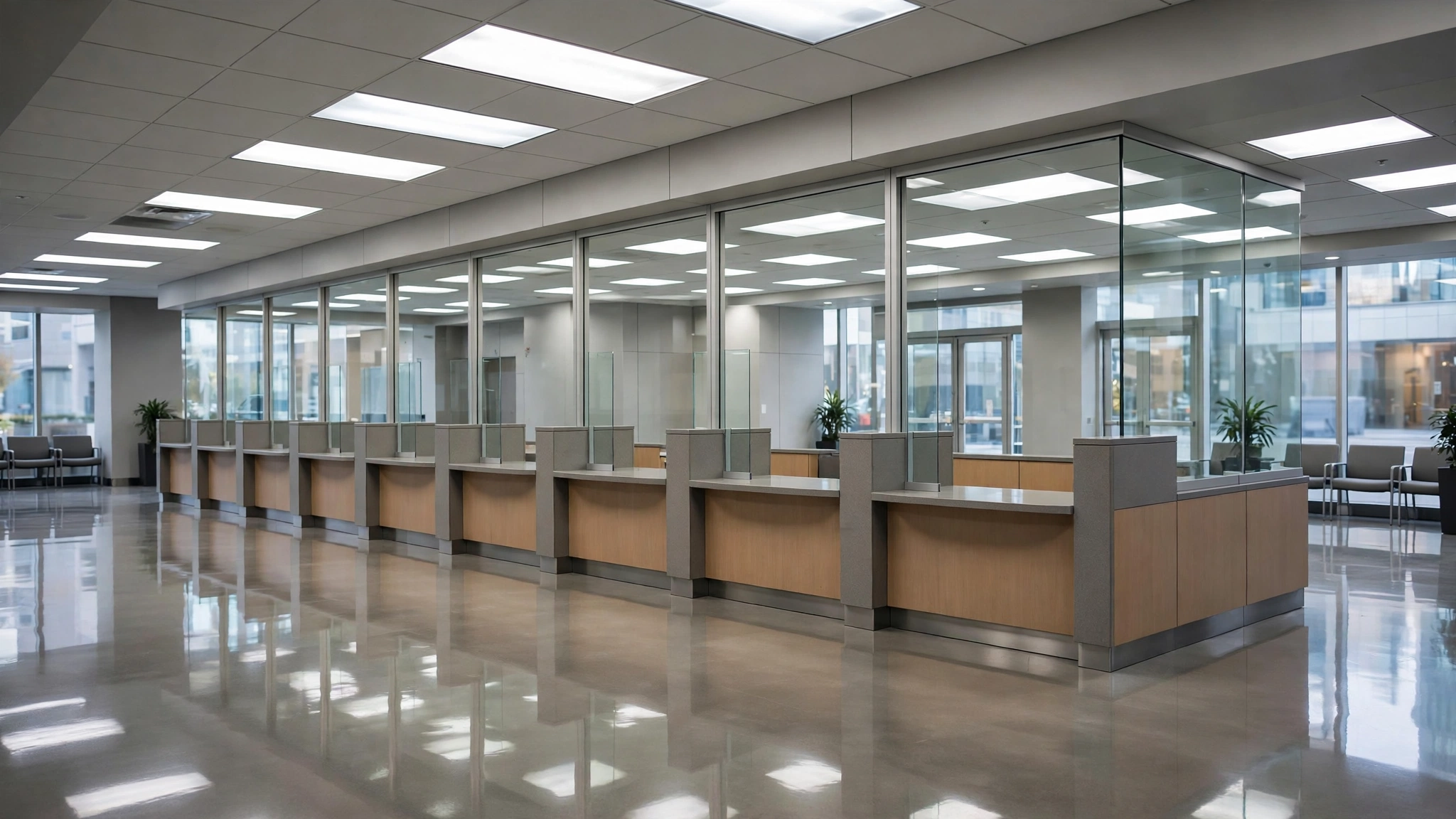 An empty modern bank branch lobby with teller counters, glass partitions and polished floors.