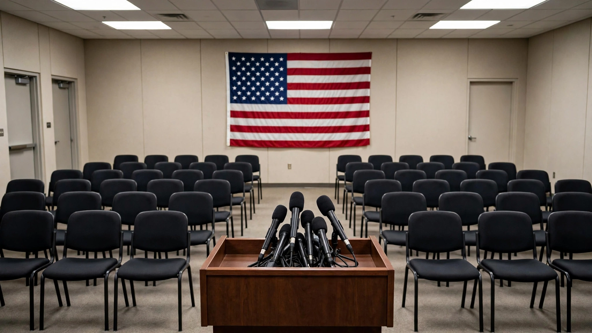 An empty police briefing room with a podium, microphones and an American flag