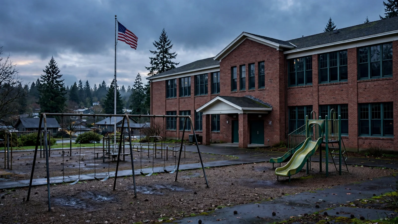 An empty brick elementary school building with an American flag, playground swings and a slide under an overcast evening sky