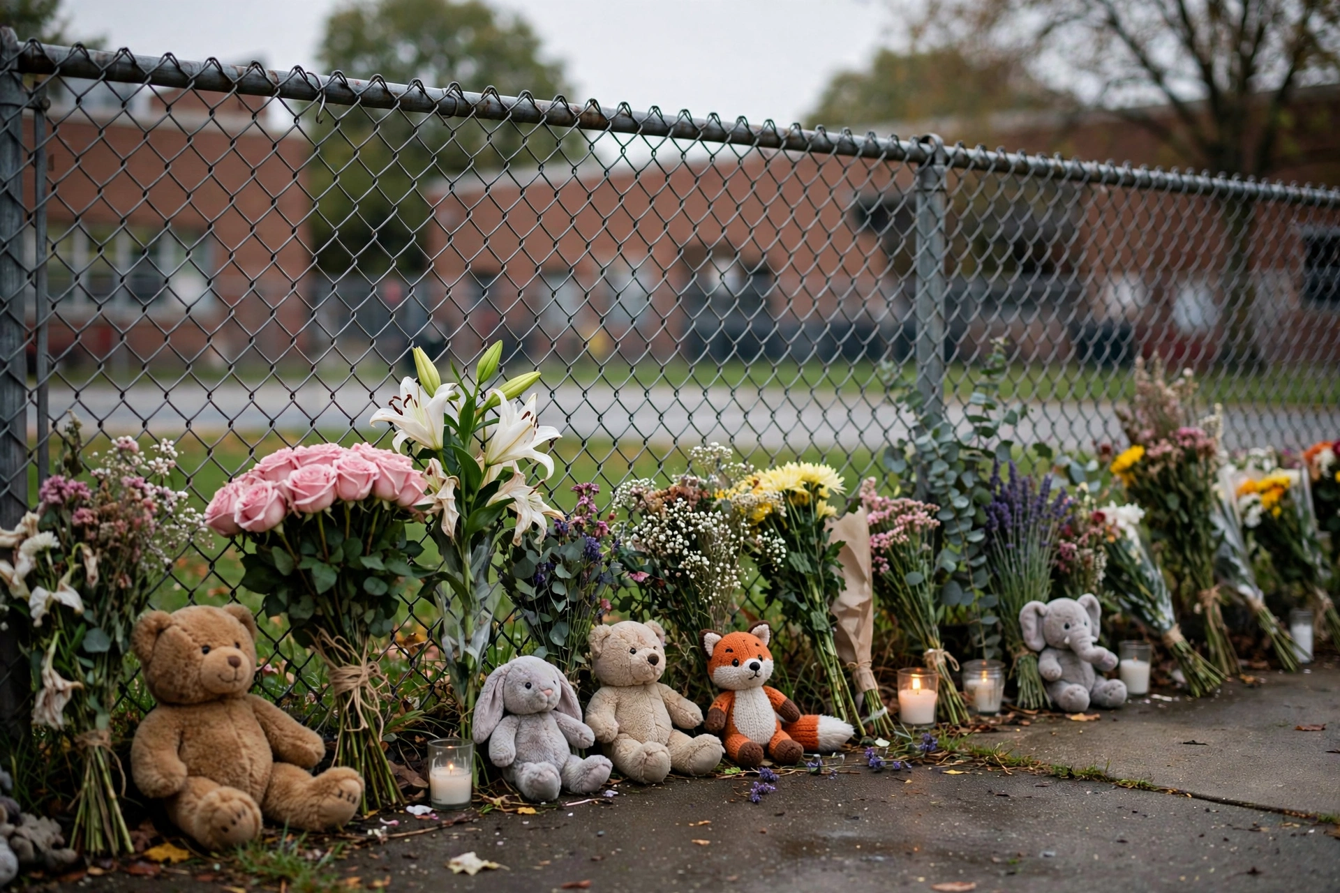 Flowers, stuffed animals and candles placed along a chain-link school fence as a memorial