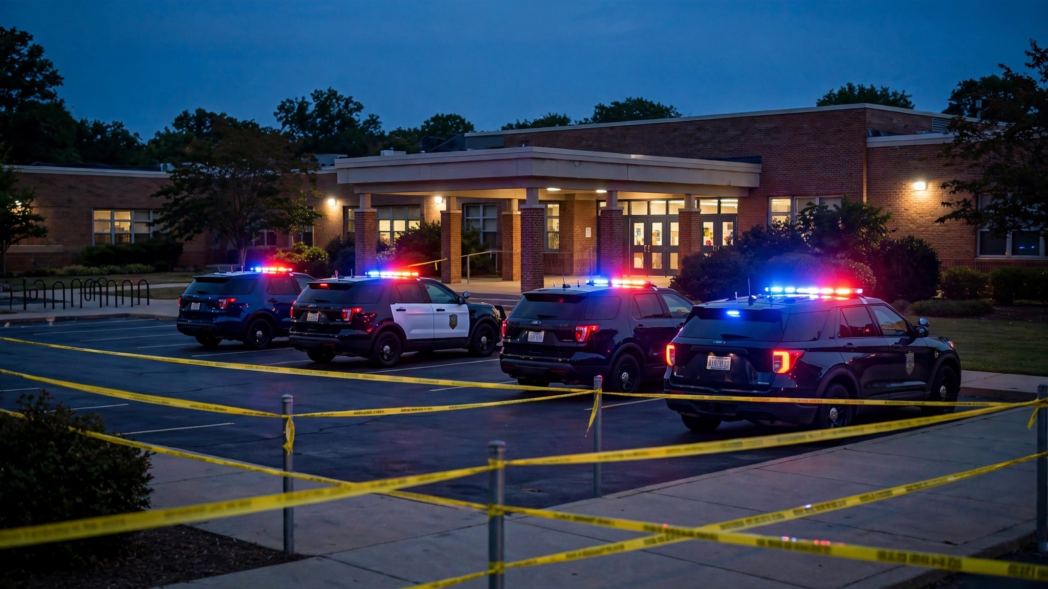 Police vehicles with flashing lights and yellow police tape outside a school parking lot at dusk