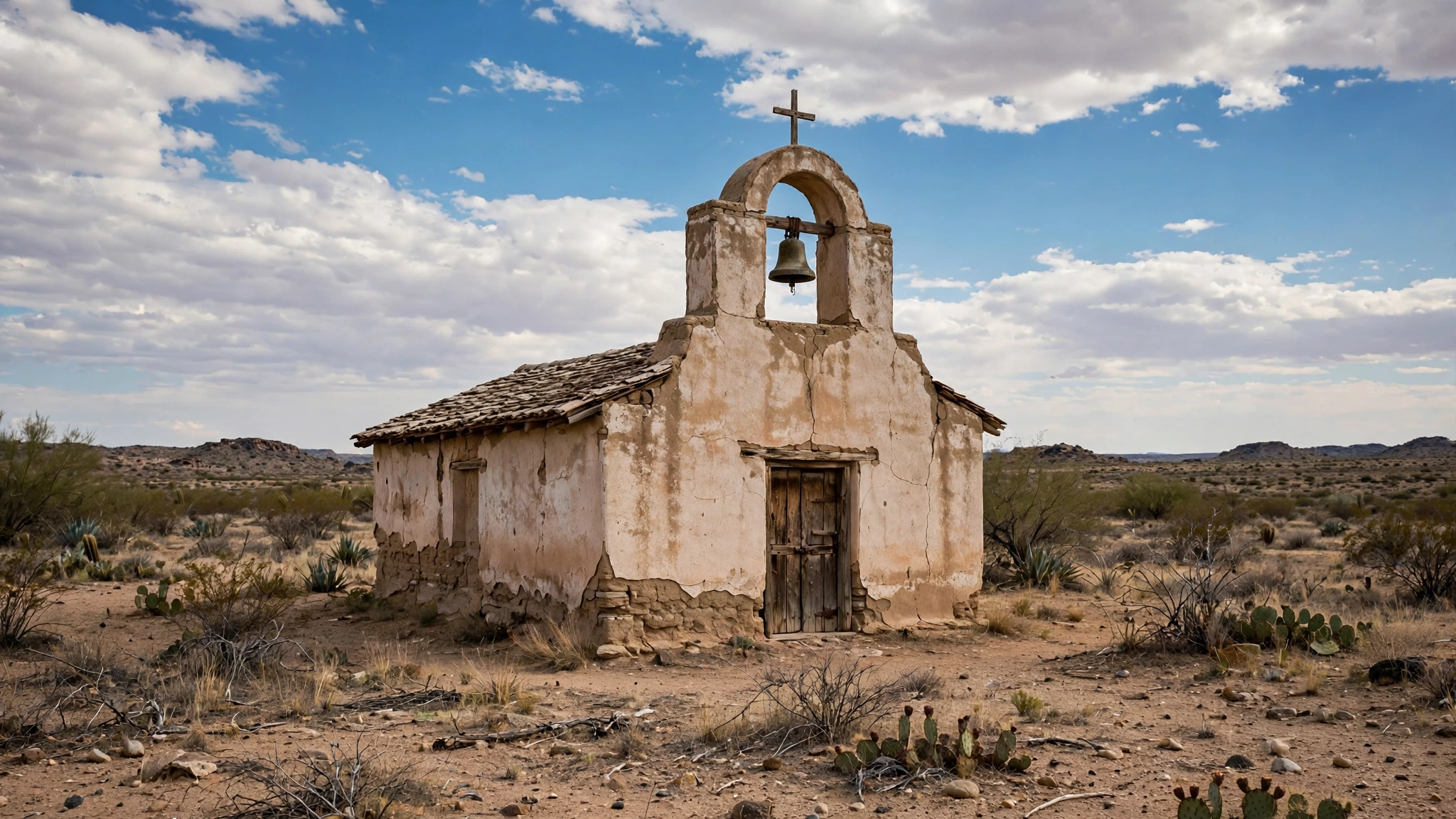 A weathered adobe mission church with a bell arch in the West Texas desert