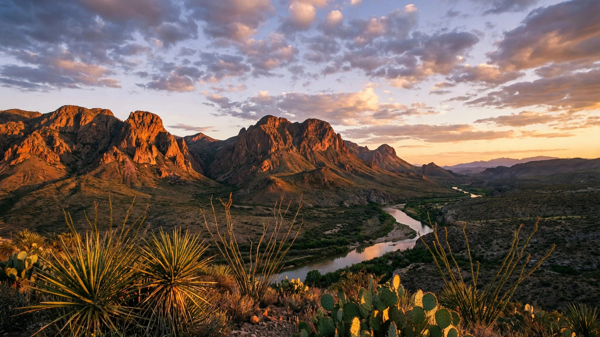 Sunrise over the Chisos Mountains in Big Bend National Park, with a winding river below