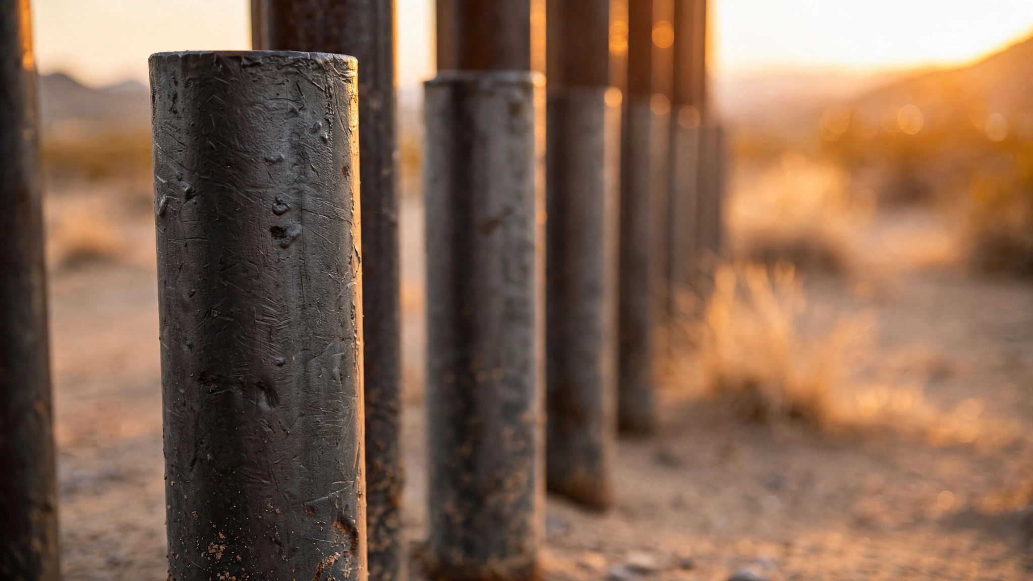 Close-up of steel border fence posts in the desert at sunset
