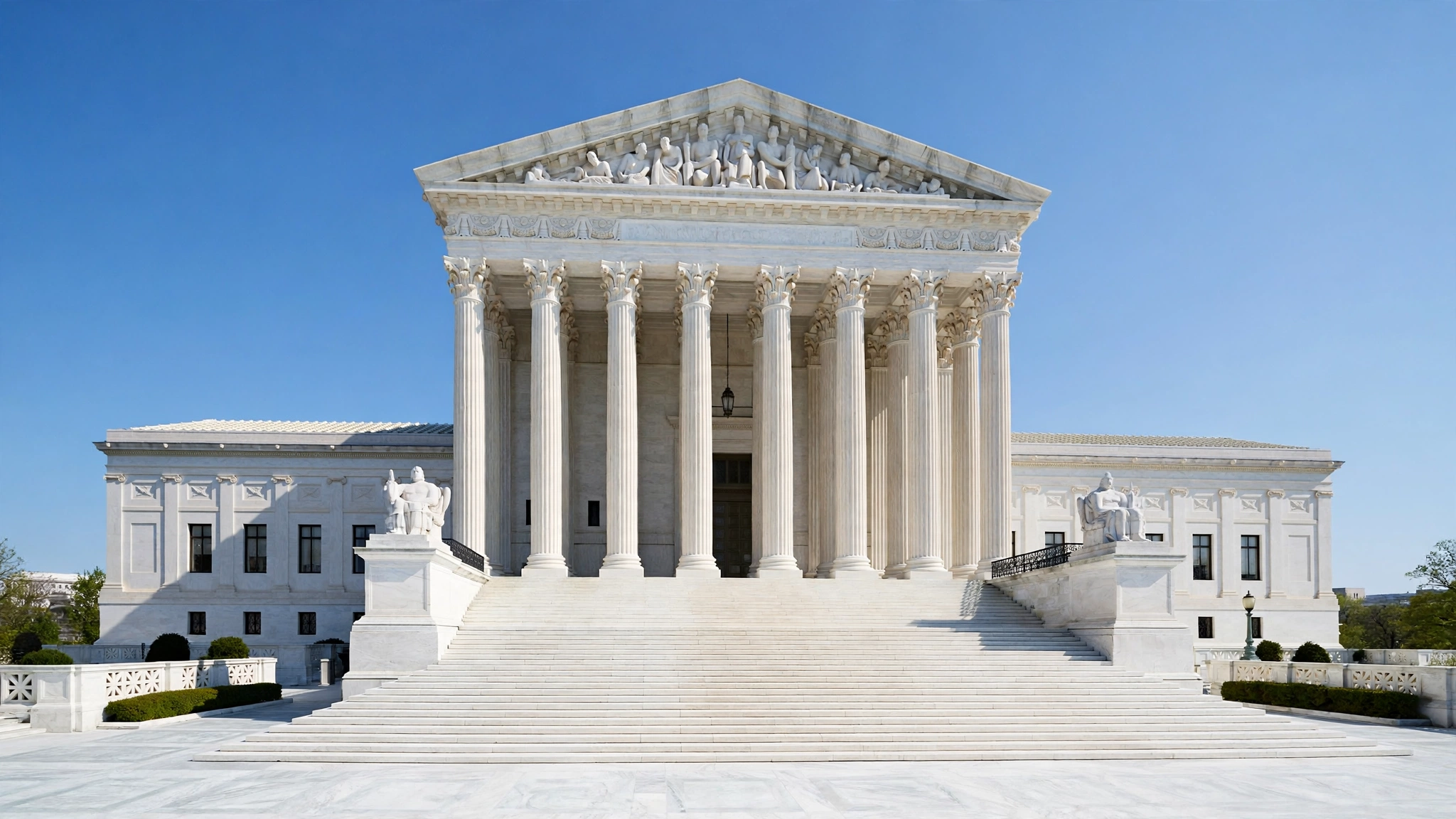 The front facade of the U.S. Supreme Court building in Washington, D.C., with white marble columns