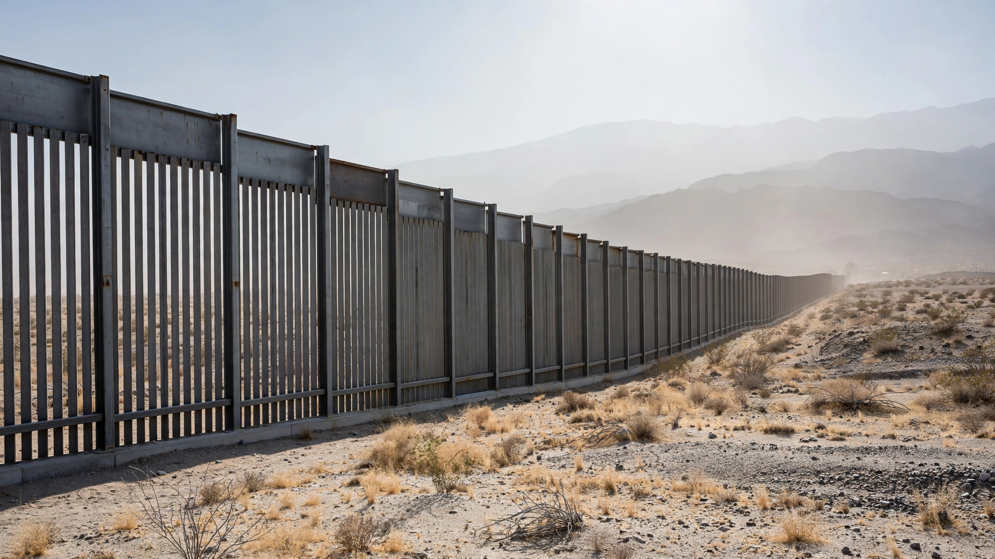 A steel border fence stretching across a desert plain with hazy mountains in the distance