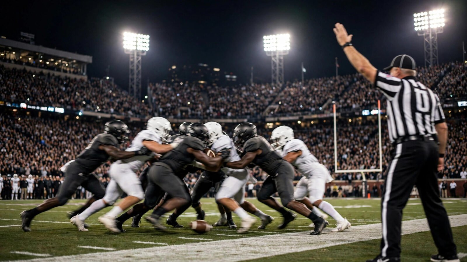 A nighttime college football game at a packed stadium, with players in generic dark and white uniforms contesting the ball near the goal line while a referee signals.