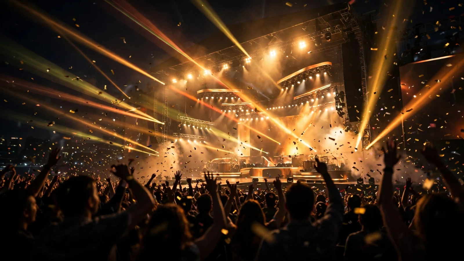 An awards-show concert stage lit with golden spotlights while a crowd watches