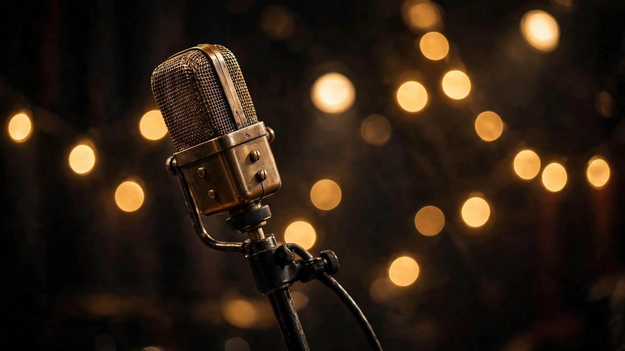 A vintage-style microphone on a stage with golden bokeh lights behind it