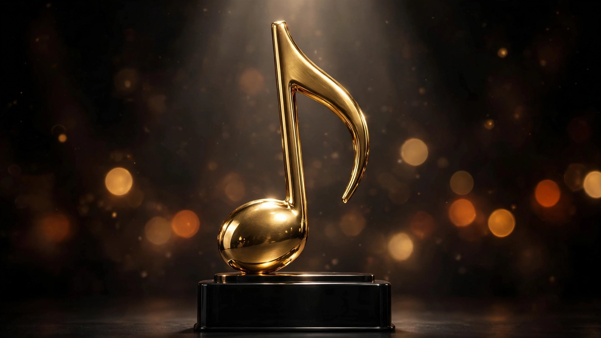 A golden musical-note trophy on a black pedestal under a spotlight