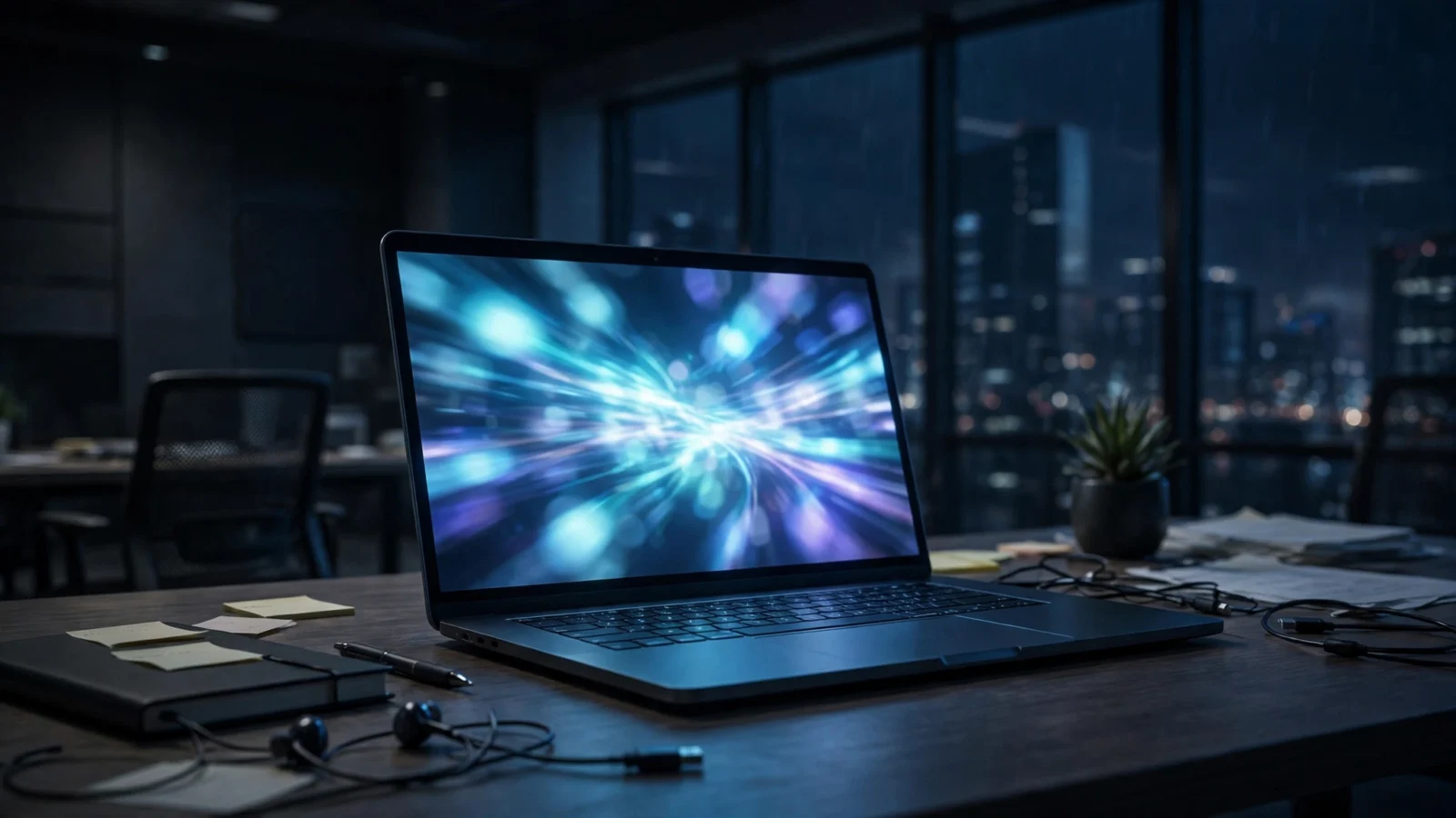 A laptop on a desk in a dark office at night, its screen glowing with abstract blue light, with a city skyline visible through the windows behind it.