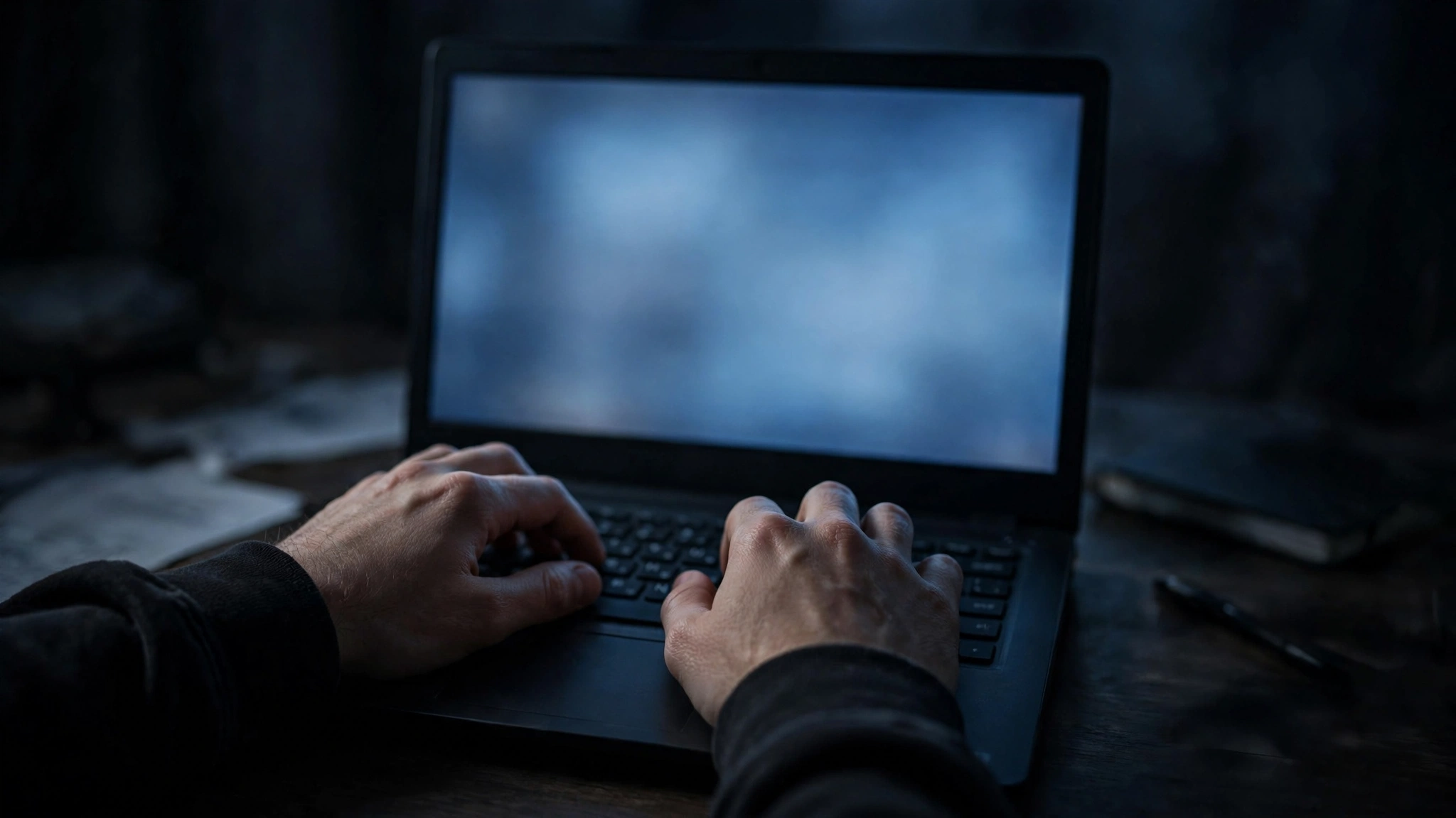 A person's hands typing on a laptop keyboard in a dimly lit room, the screen out of focus.