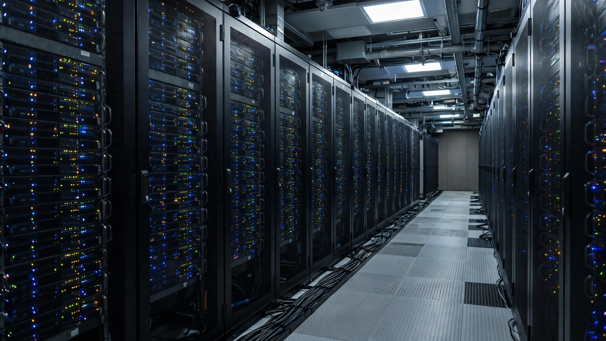 Rows of computer server racks with blinking indicator lights in a data center corridor.