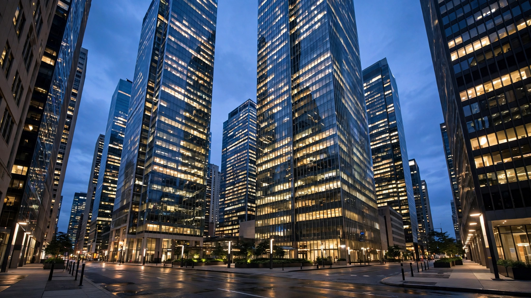 Glass office towers with lit windows in a financial district at dusk, seen from street level.