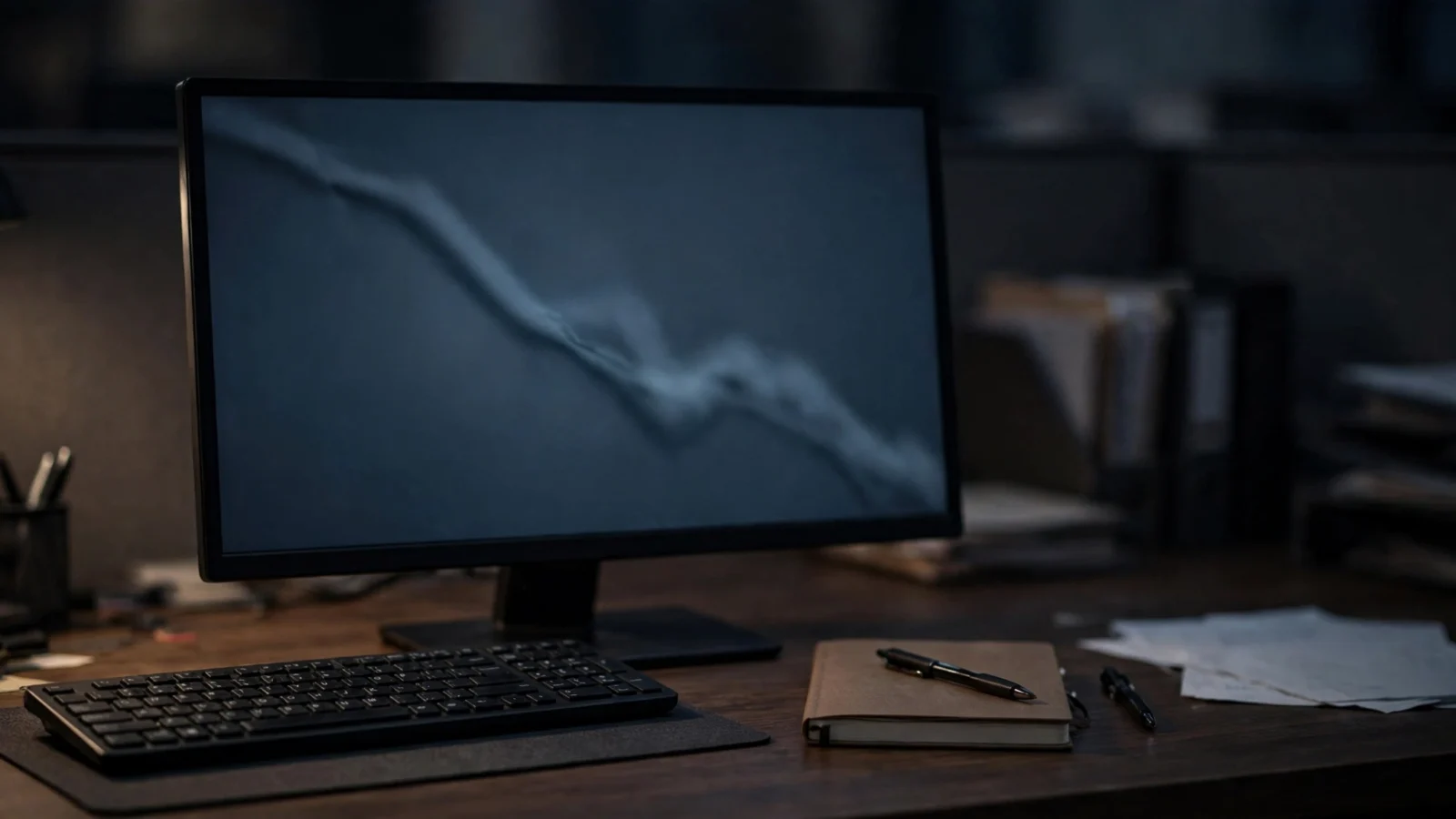 A computer monitor on a desk shows a blurred chart with a downward sloping line, next to a keyboard and a notebook.