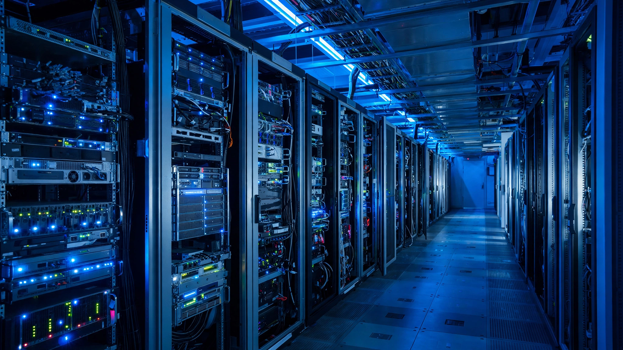 A corridor in a data center lined with server racks and blinking lights under blue lighting.