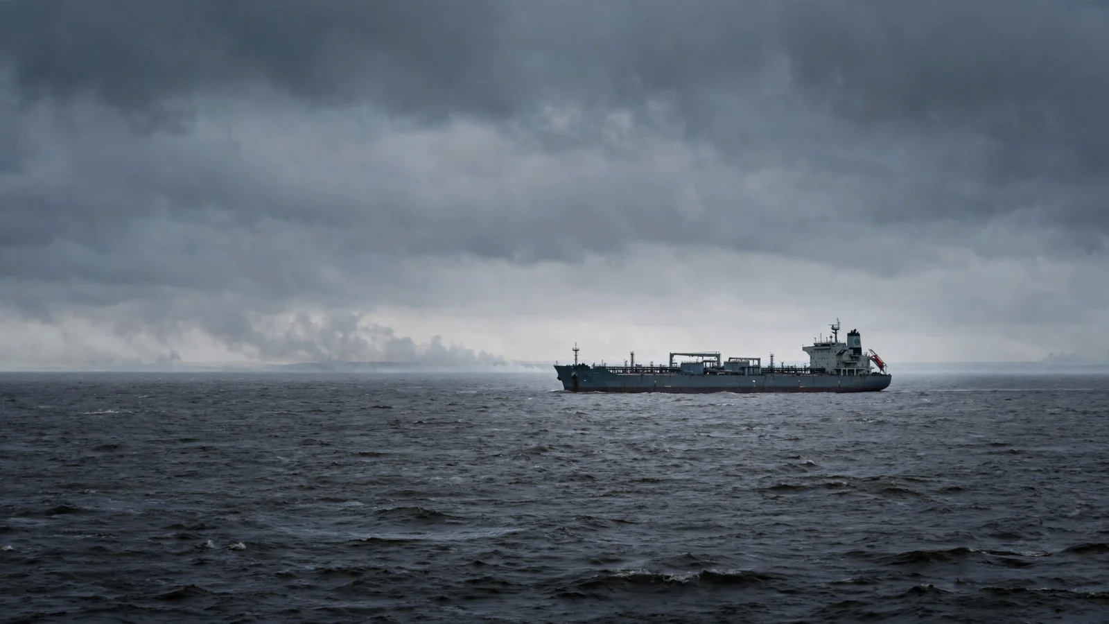 A large oil and chemical tanker sailing on a dark gray sea under heavy overcast clouds, with smoke on the horizon.