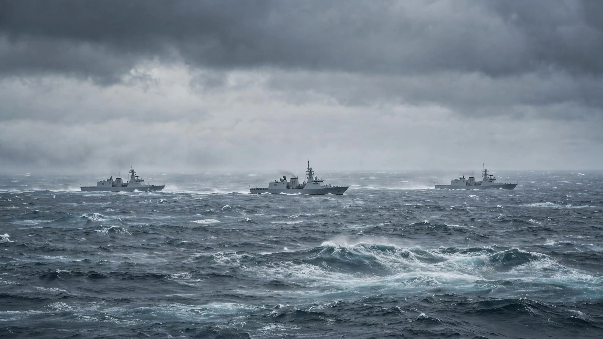Three gray military patrol ships sailing on a choppy sea under cloudy skies, seen from a distance.