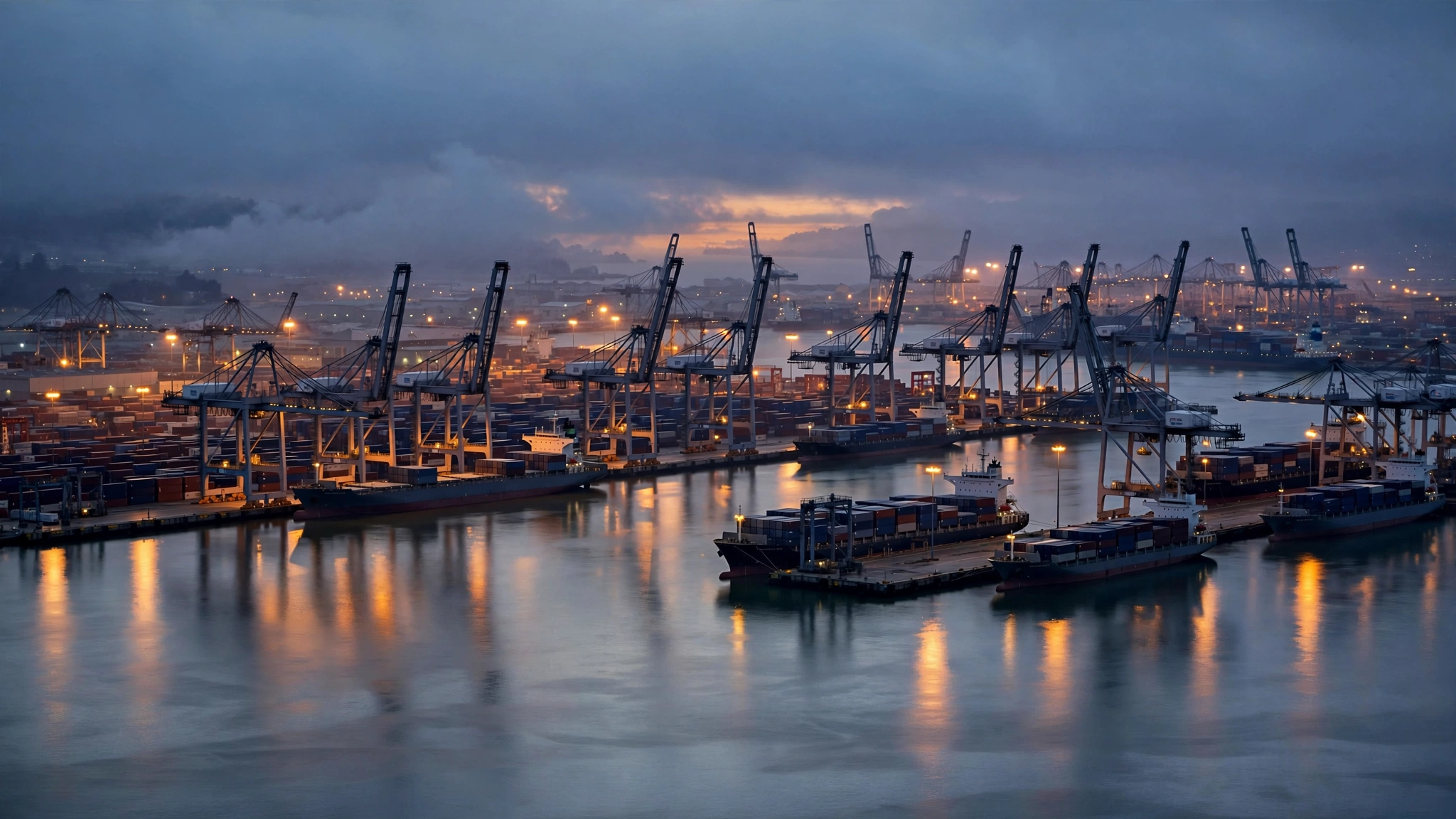 A commercial seaport harbor at dusk with rows of cargo cranes and anchored freight ships reflecting in the water.