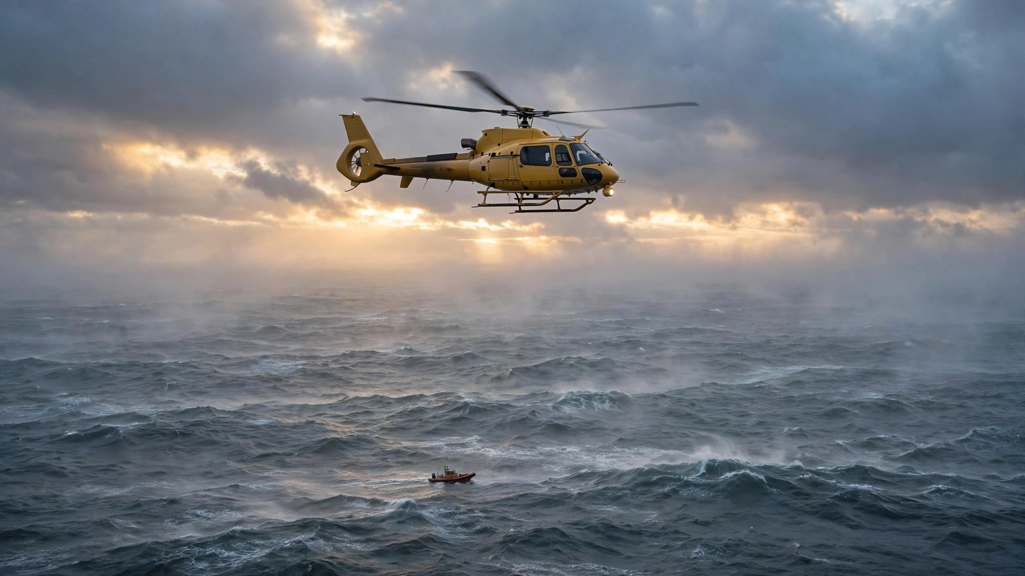 A yellow search-and-rescue helicopter flying low over rough ocean waves at dawn, with a small boat on the water below.