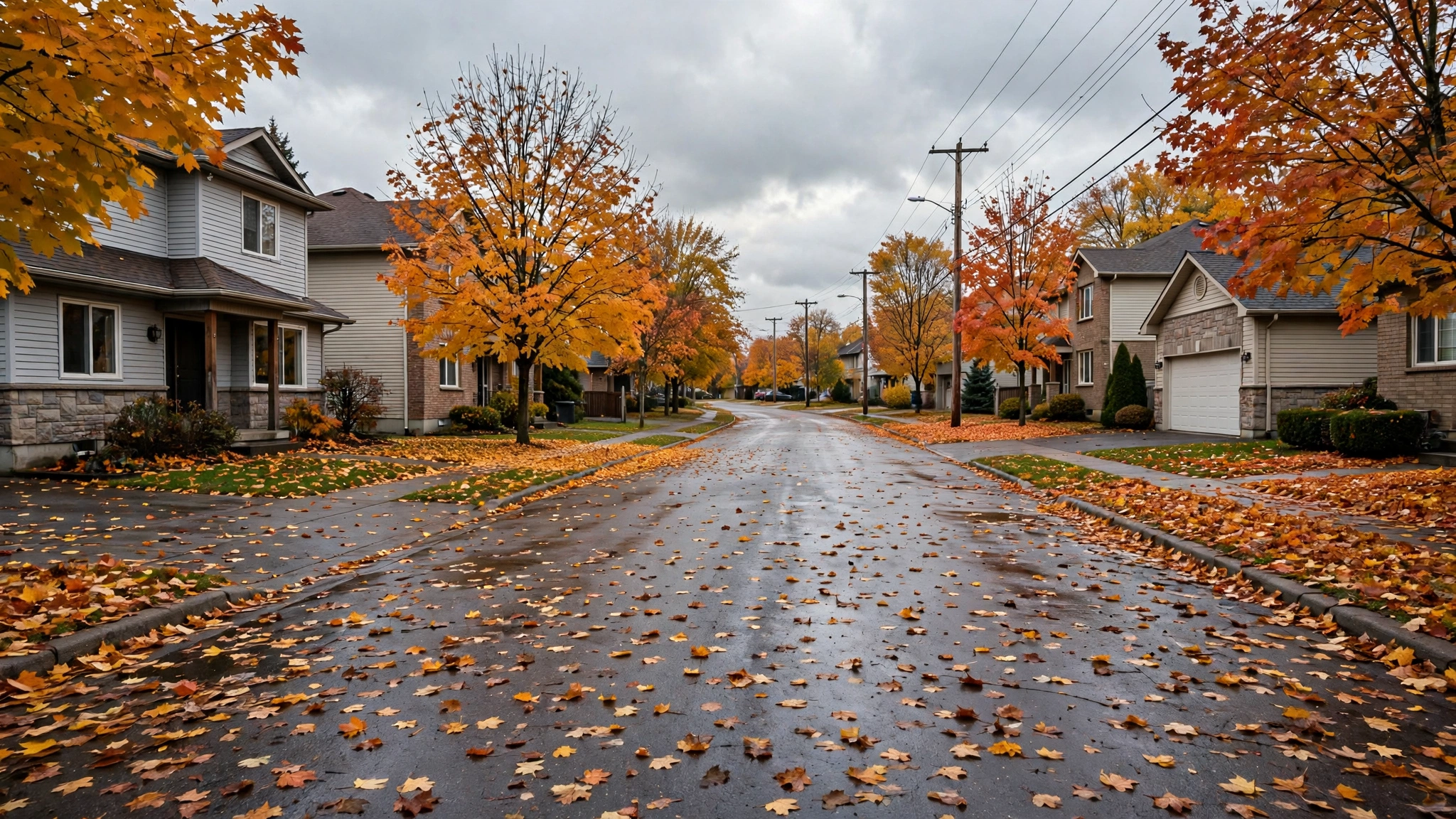 Detached houses along a wet residential street covered with fallen autumn leaves
