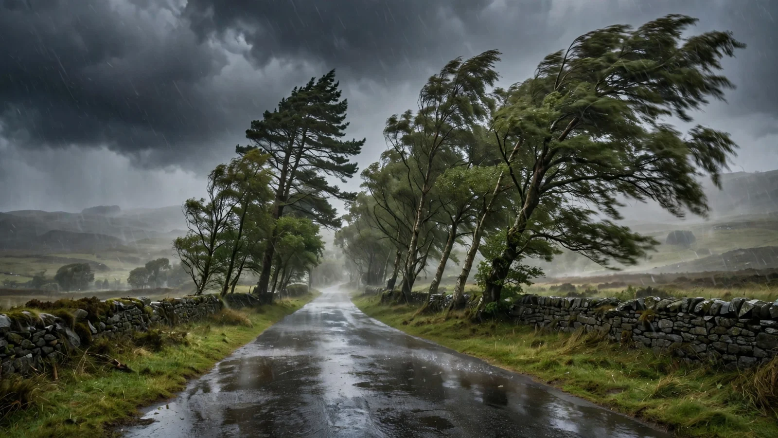 Trees bending in strong wind beside a wet rural road under dark storm clouds