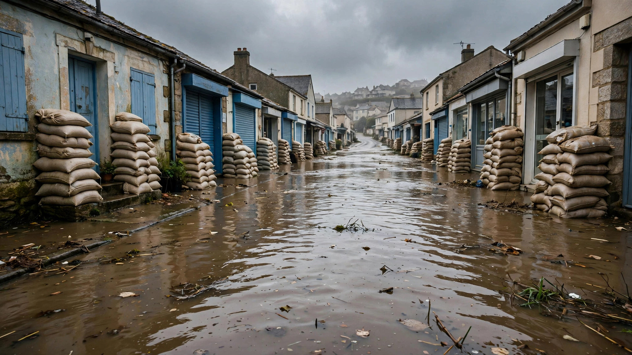 Floodwater covering a town street with sandbags stacked outside shop doorways