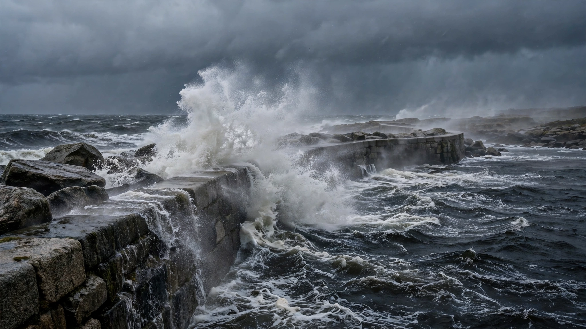 Large waves crashing against a stone harbour wall under a dark sky