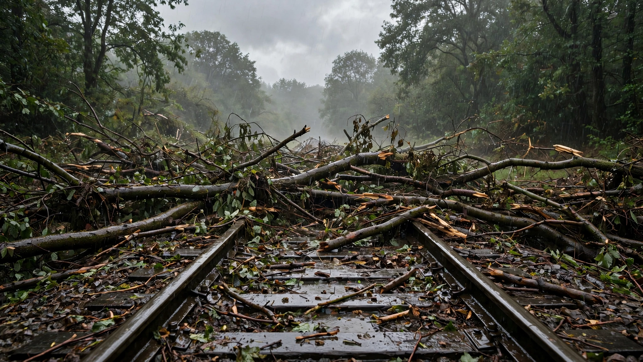 Fallen tree branches and debris lying across wet railway tracks in rain
