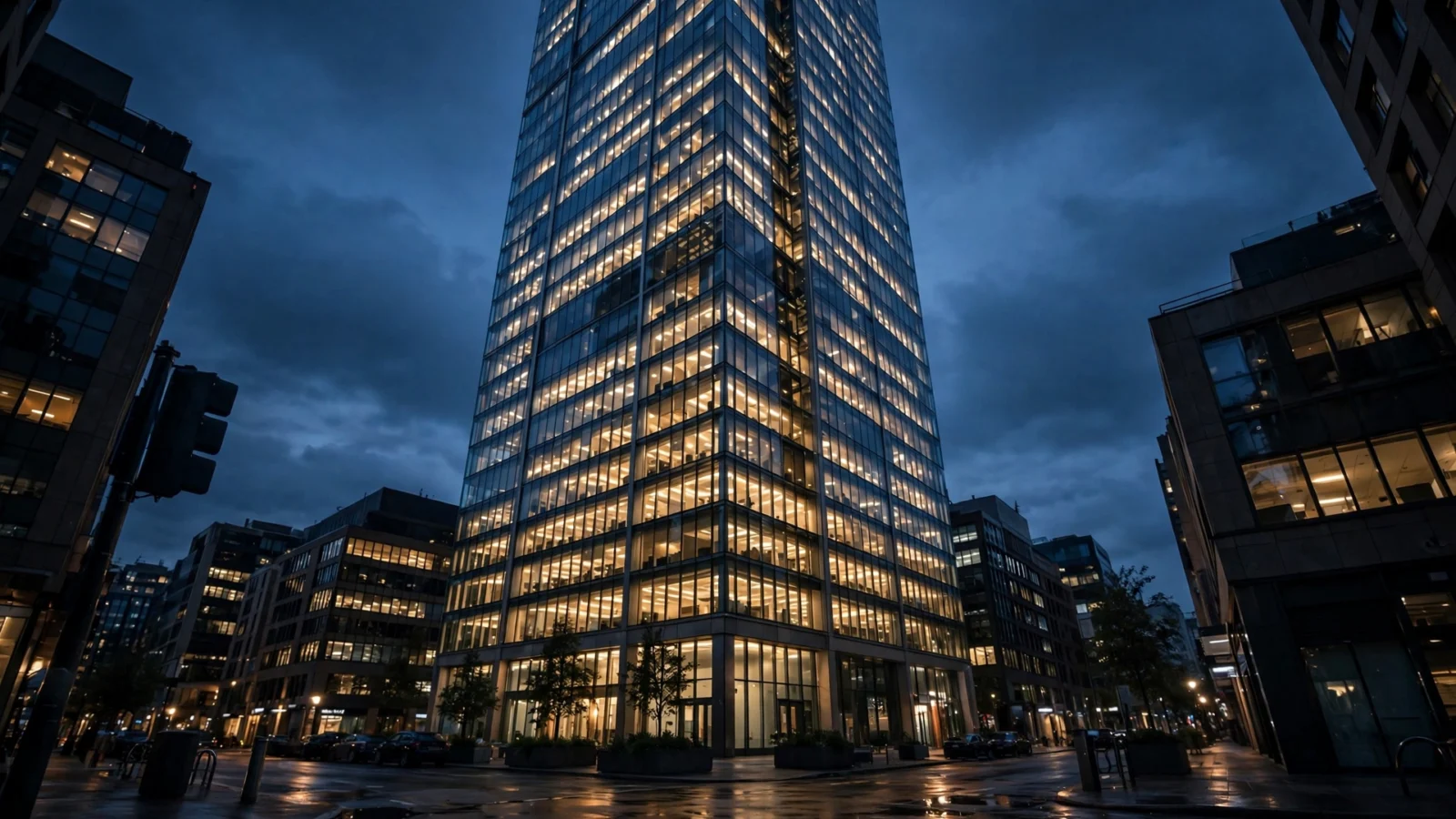 A tall glass office tower with lit windows at dusk, seen from a wet city street.