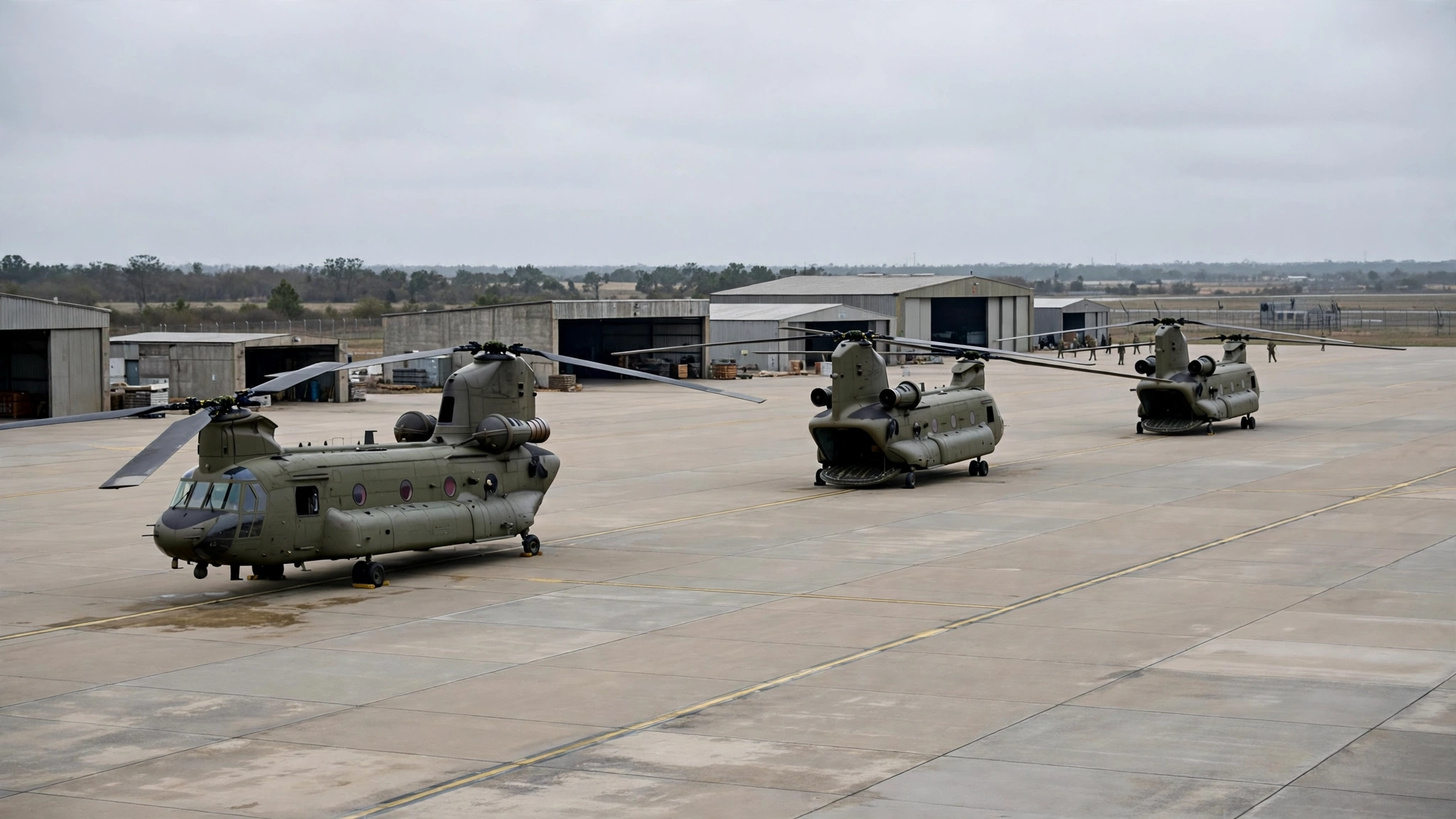 Three twin-rotor military transport helicopters parked on an airfield tarmac near hangars.