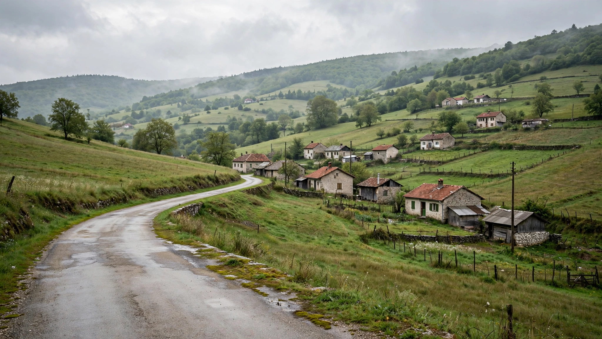 A wet rural road curving past stone houses with red roofs in green hills under a grey sky.