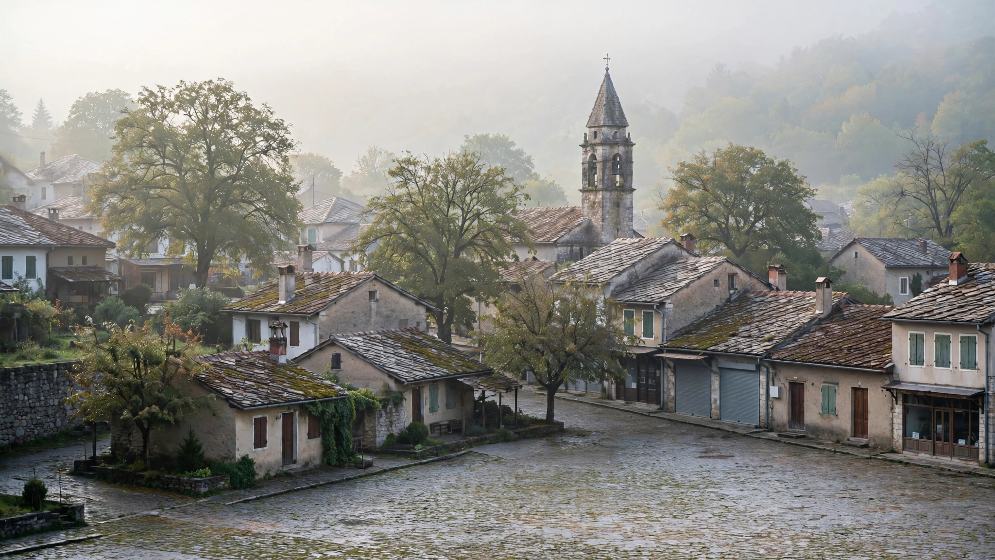 A quiet cobblestone town square lined with stone houses and a church tower in morning mist.